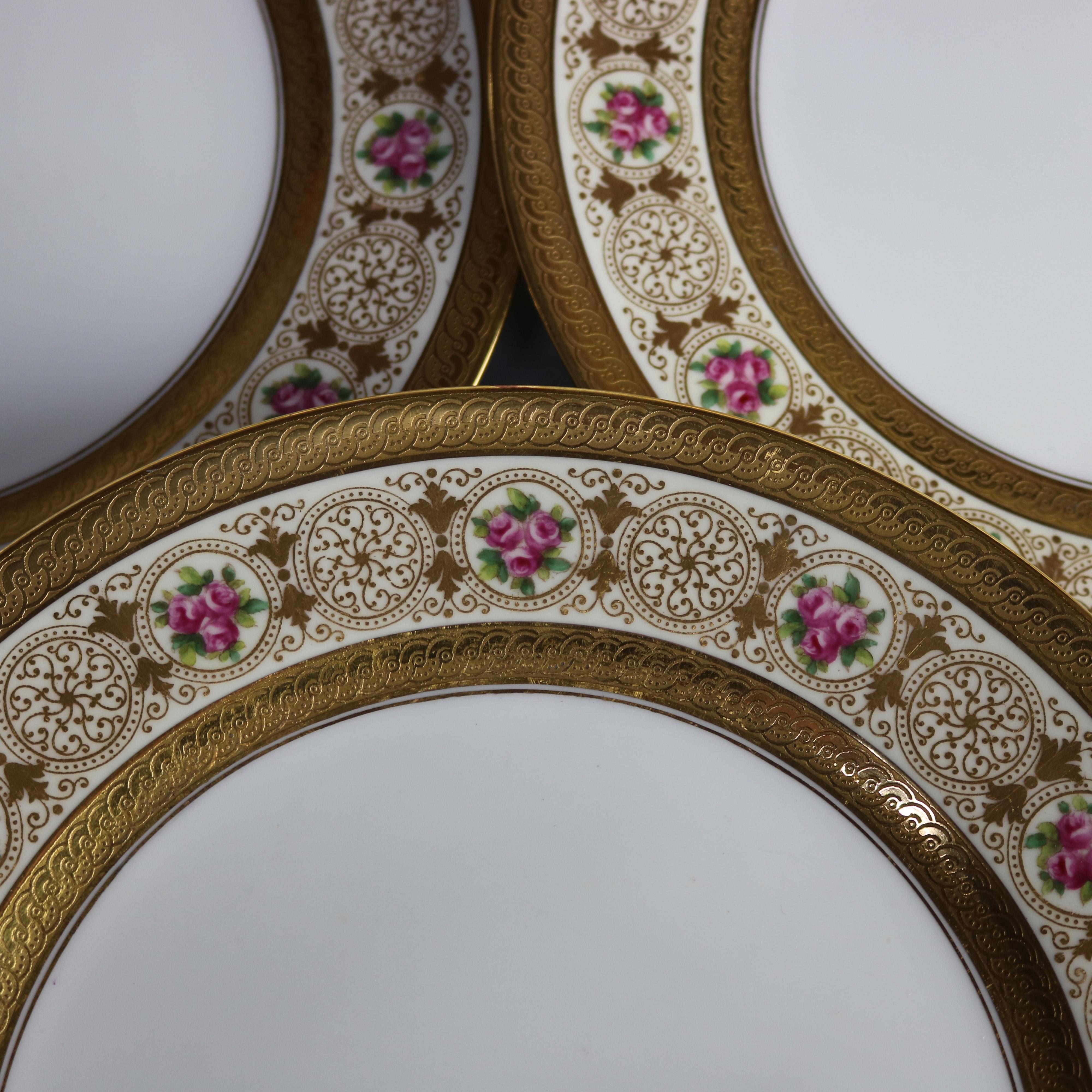 Porcelain Eleven English Cauldon Hand Painted & Gilt Decorated Dinner Plates, 20th Century