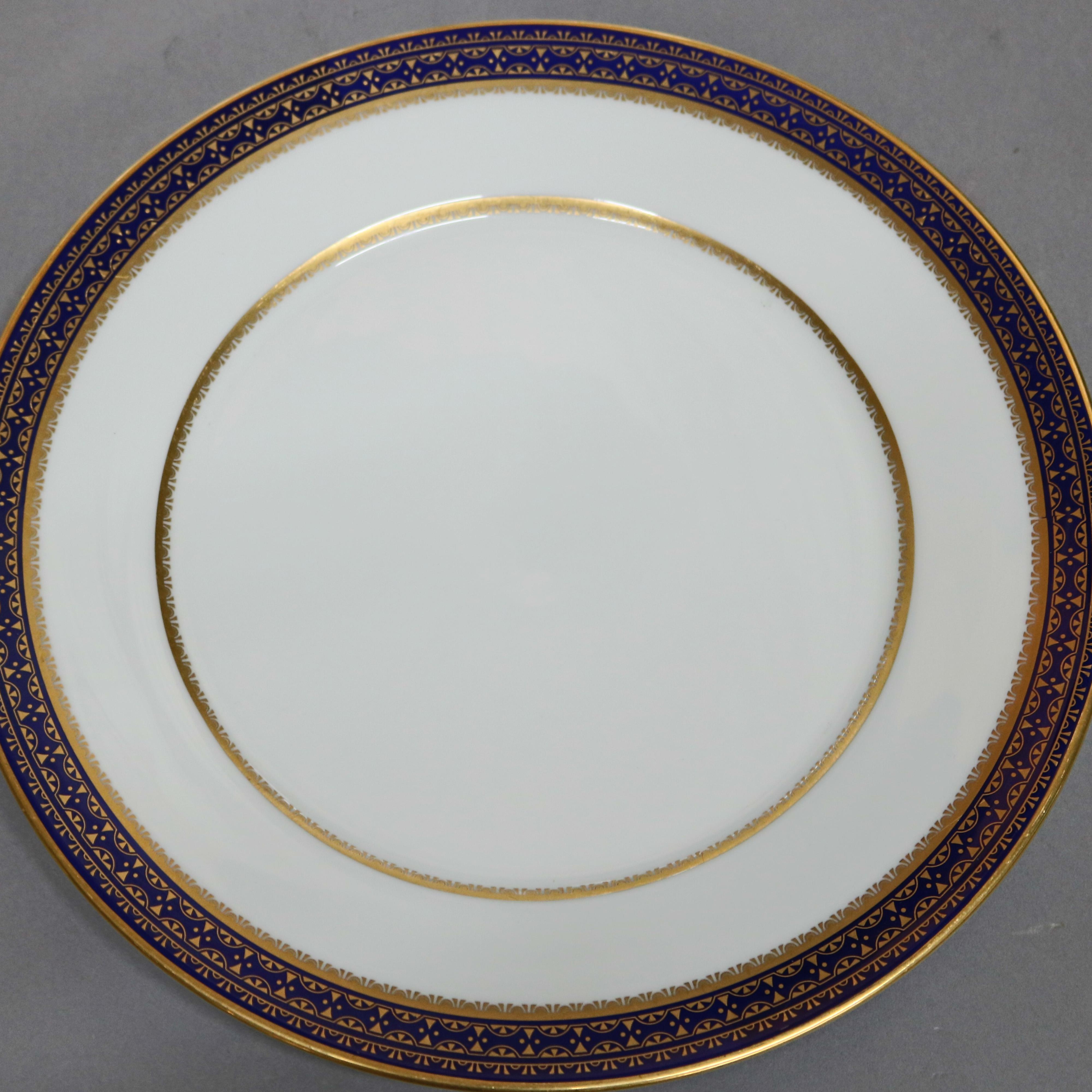 Porcelain Eleven English Oxford Bone China Dinner Plates, Cobalt & Gilt, 20th Century