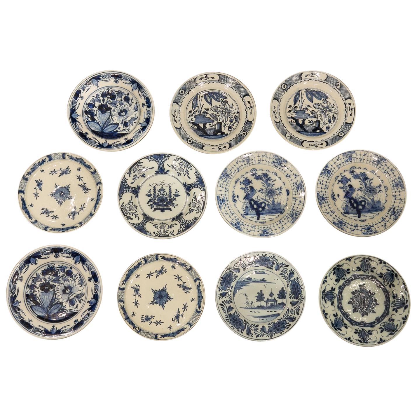 Eleven Hand-Painted Blue and White Delft Dishes 18th Century