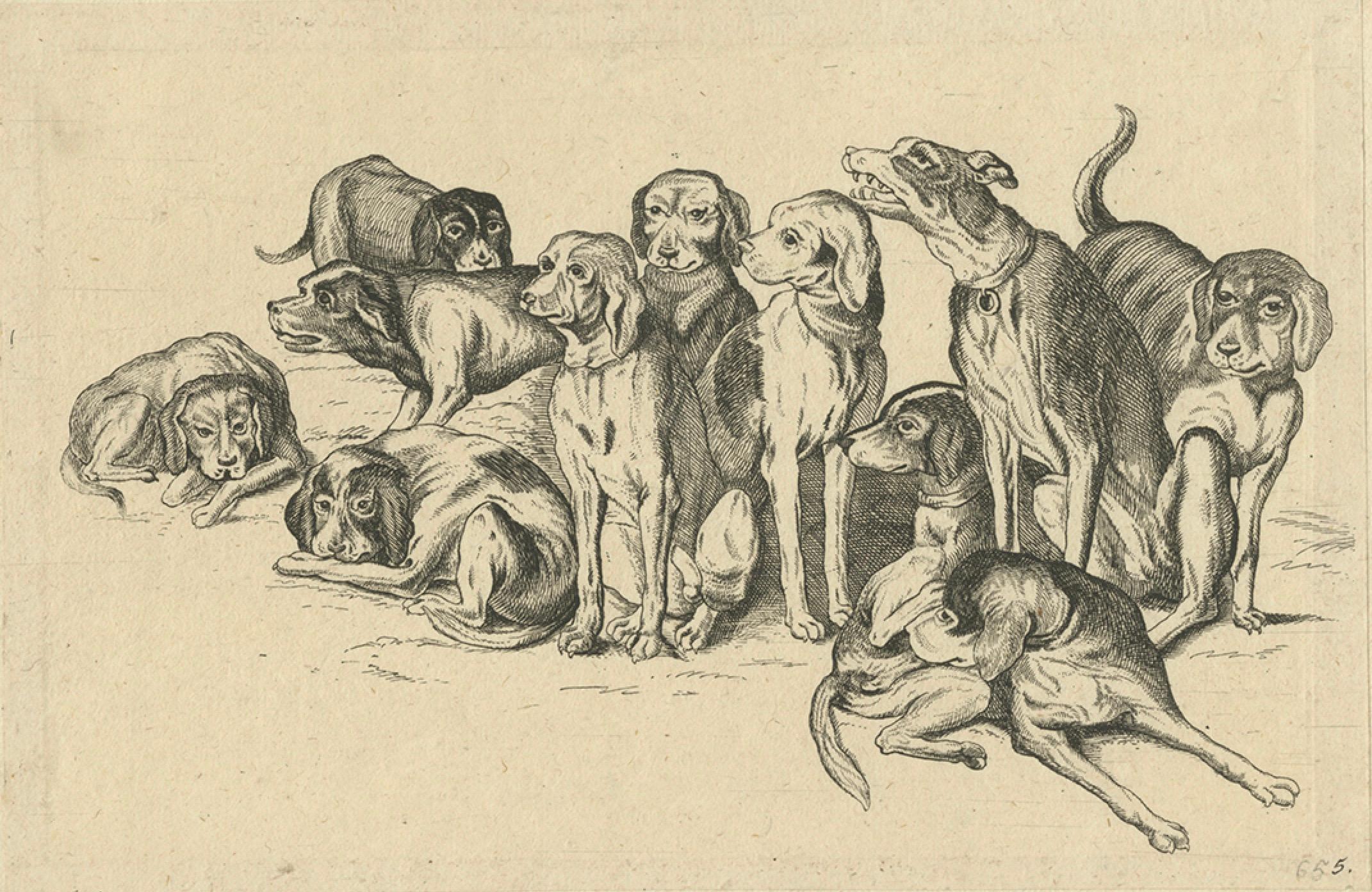 Allemand Eleven Hounds – Reversed 17th-Century Etching After Wenceslaus Hollar, c.1646 en vente