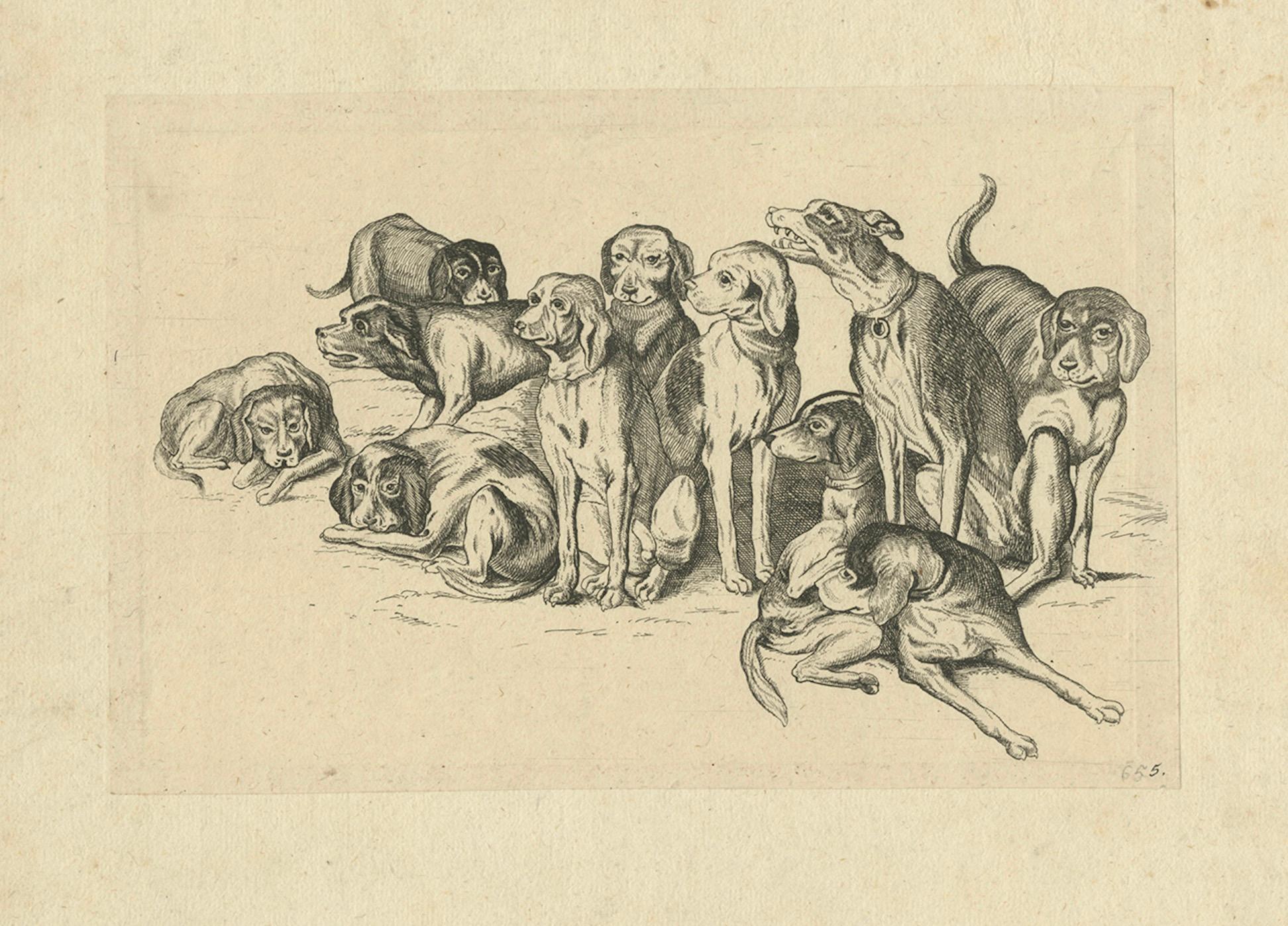 Gravé Eleven Hounds – Reversed 17th-Century Etching After Wenceslaus Hollar, c.1646 en vente