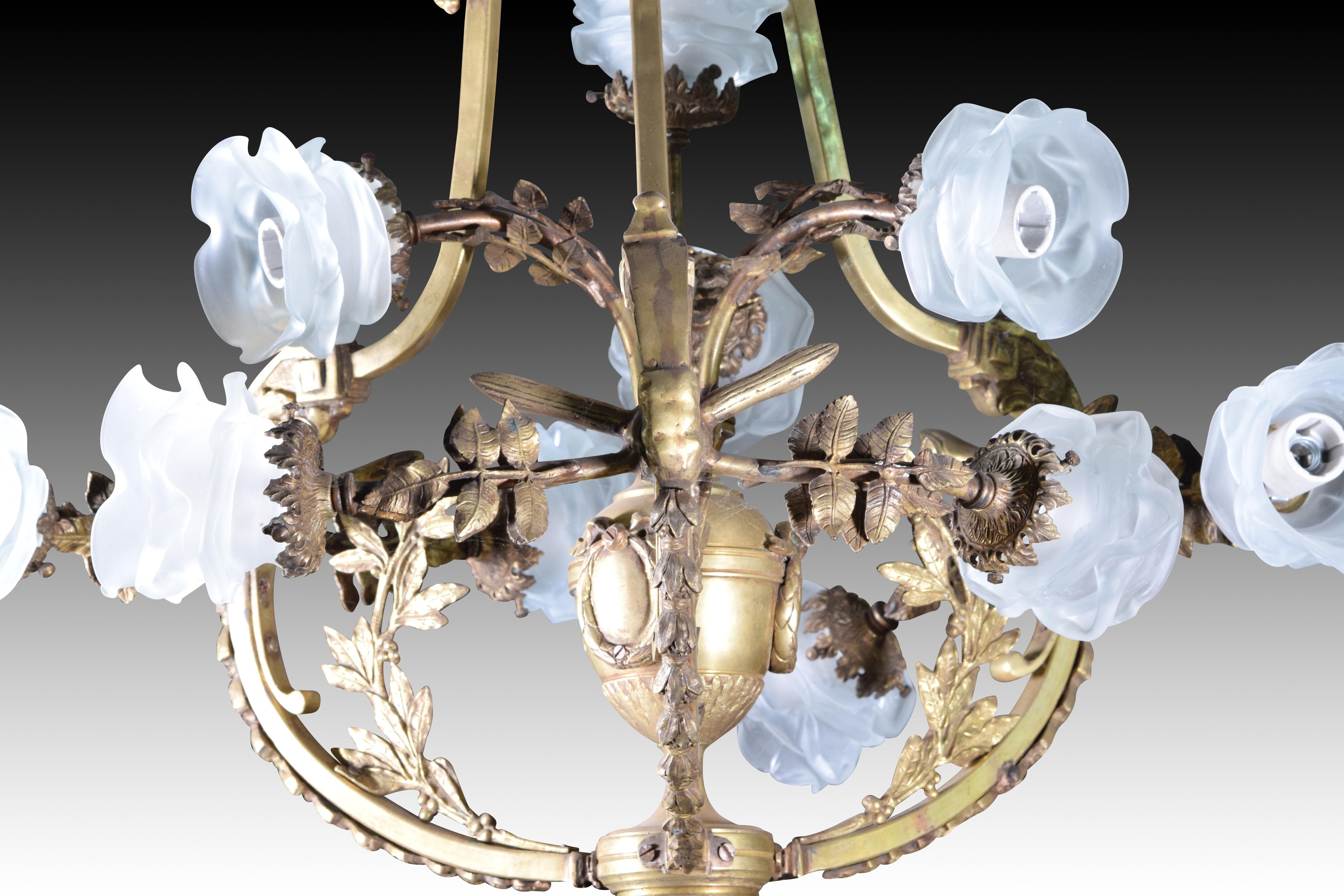 European Eleven-light ceiling lamp. Bronze with aged finish.  For Sale