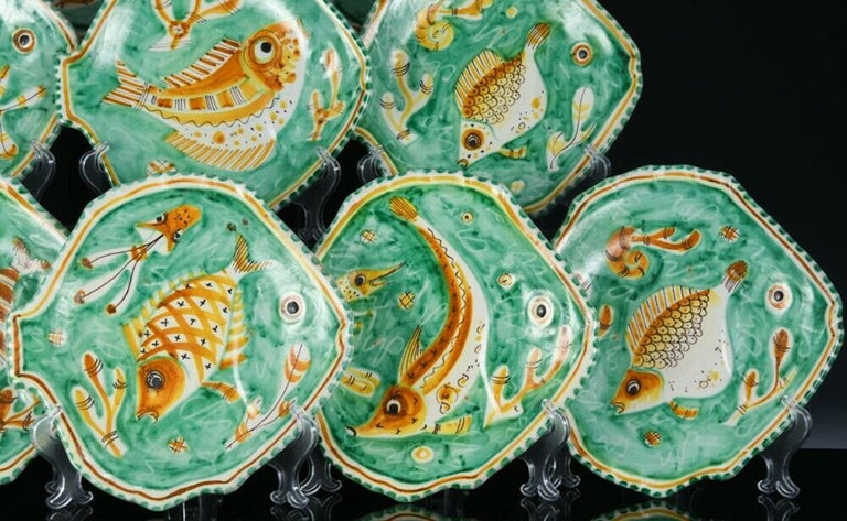 Eleven Mid-Century Modern Italian Pottery Fish Plates, Vietri, Dated 1958 2