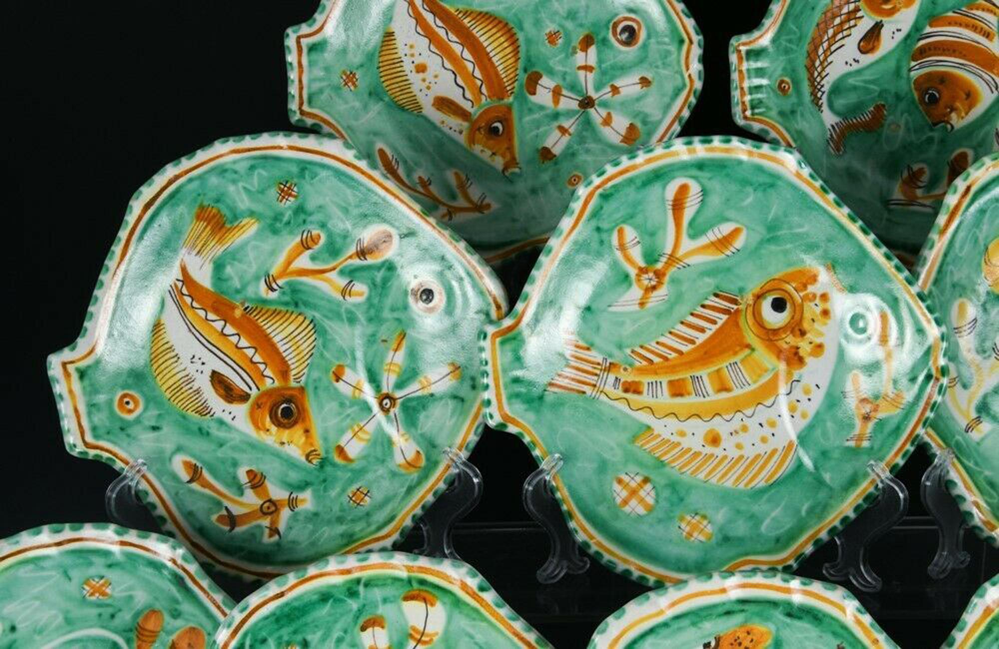 Eleven Mid-Century Modern Italian Pottery Fish Plates, Vietri, Dated 1958 4