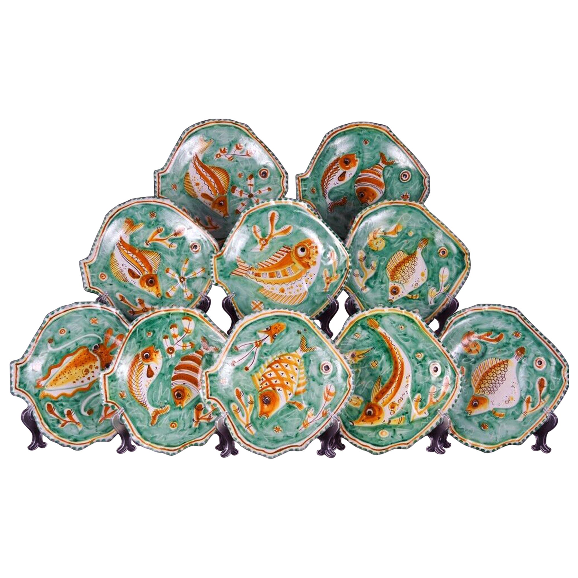 Eleven Mid-Century Modern Italian Pottery Fish Plates, Vietri, Dated 1958