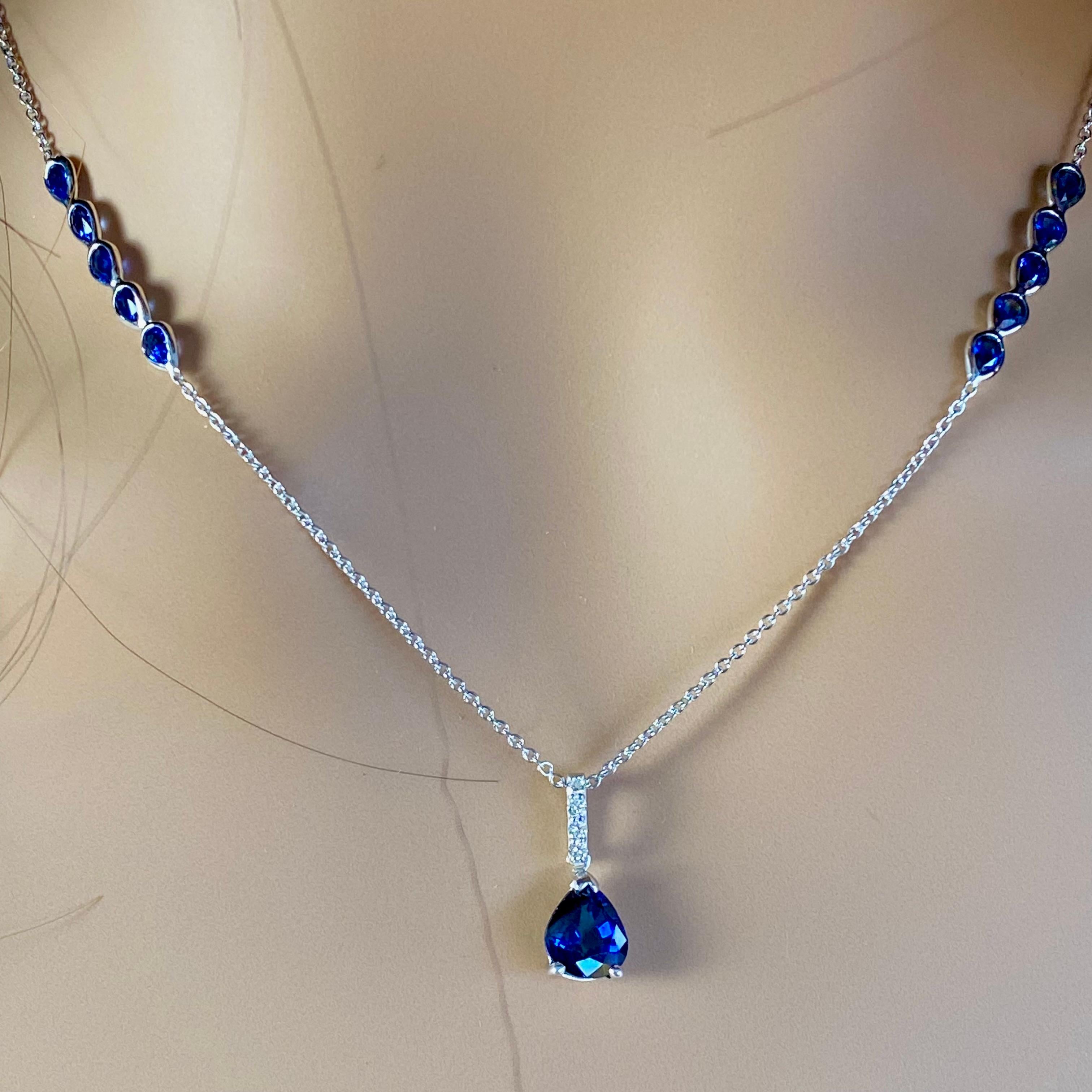 Contemporary Eleven Pear Sapphires Diamonds 4.83 Carat White Gold 19.5 Inch Long Necklace For Sale