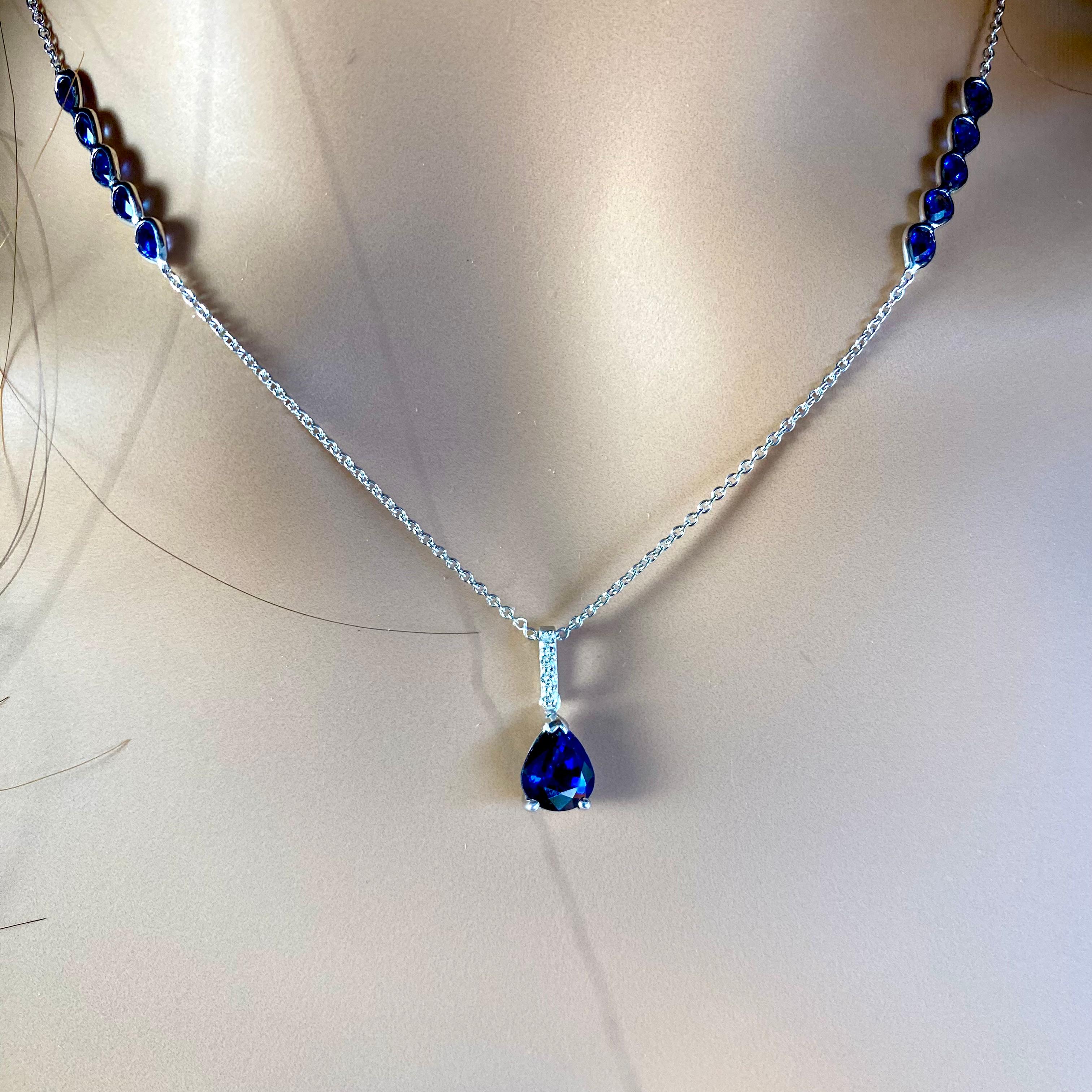 Pear Cut Eleven Pear Sapphires Diamonds 4.83 Carat White Gold 19.5 Inch Long Necklace For Sale