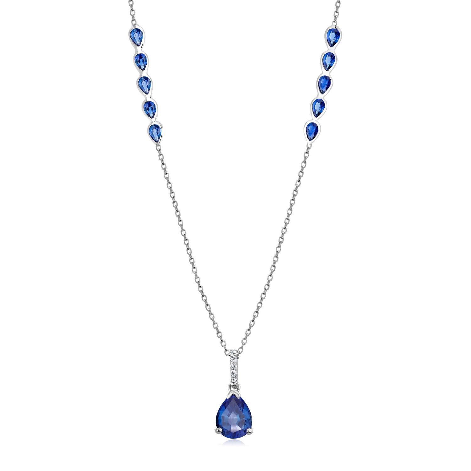 Eleven Pear Sapphires Diamonds 4.83 Carat White Gold 19.5 Inch Long Necklace For Sale 1