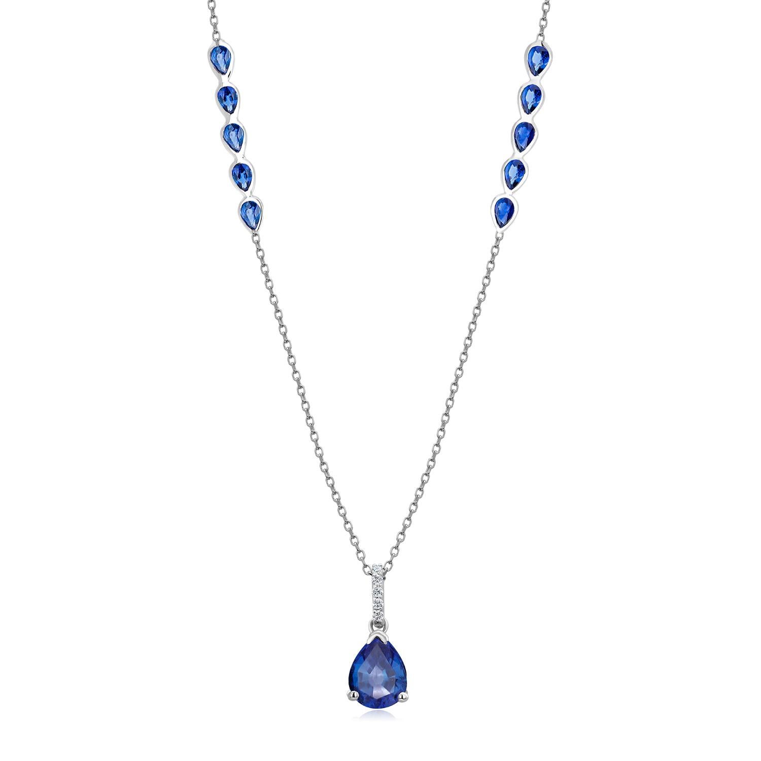 Eleven Pear Sapphires Diamonds 4.83 Carat White Gold 19.5 Inch Long Necklace 1