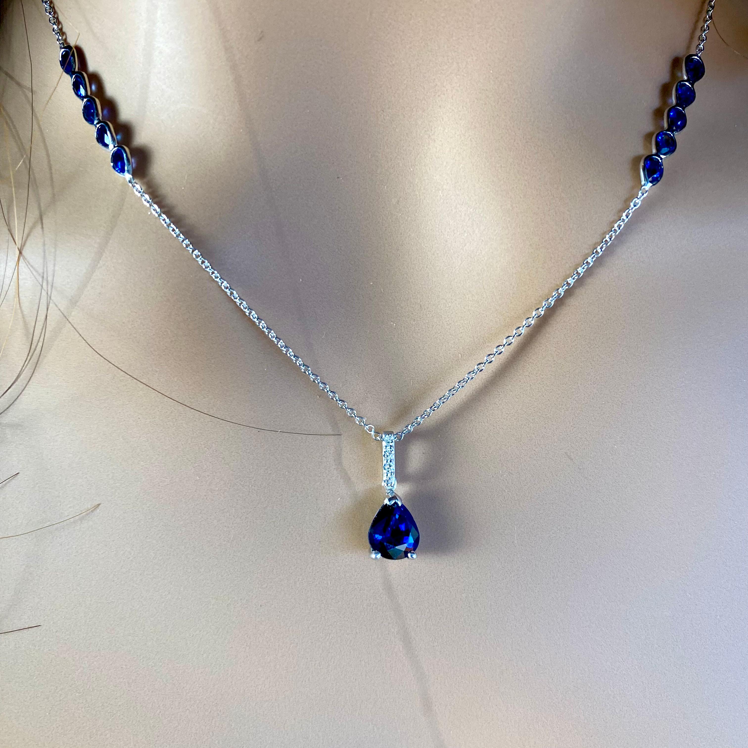 Eleven Pear Sapphires Diamonds 4.83 Carat White Gold 19.5 Inch Long Necklace For Sale 2
