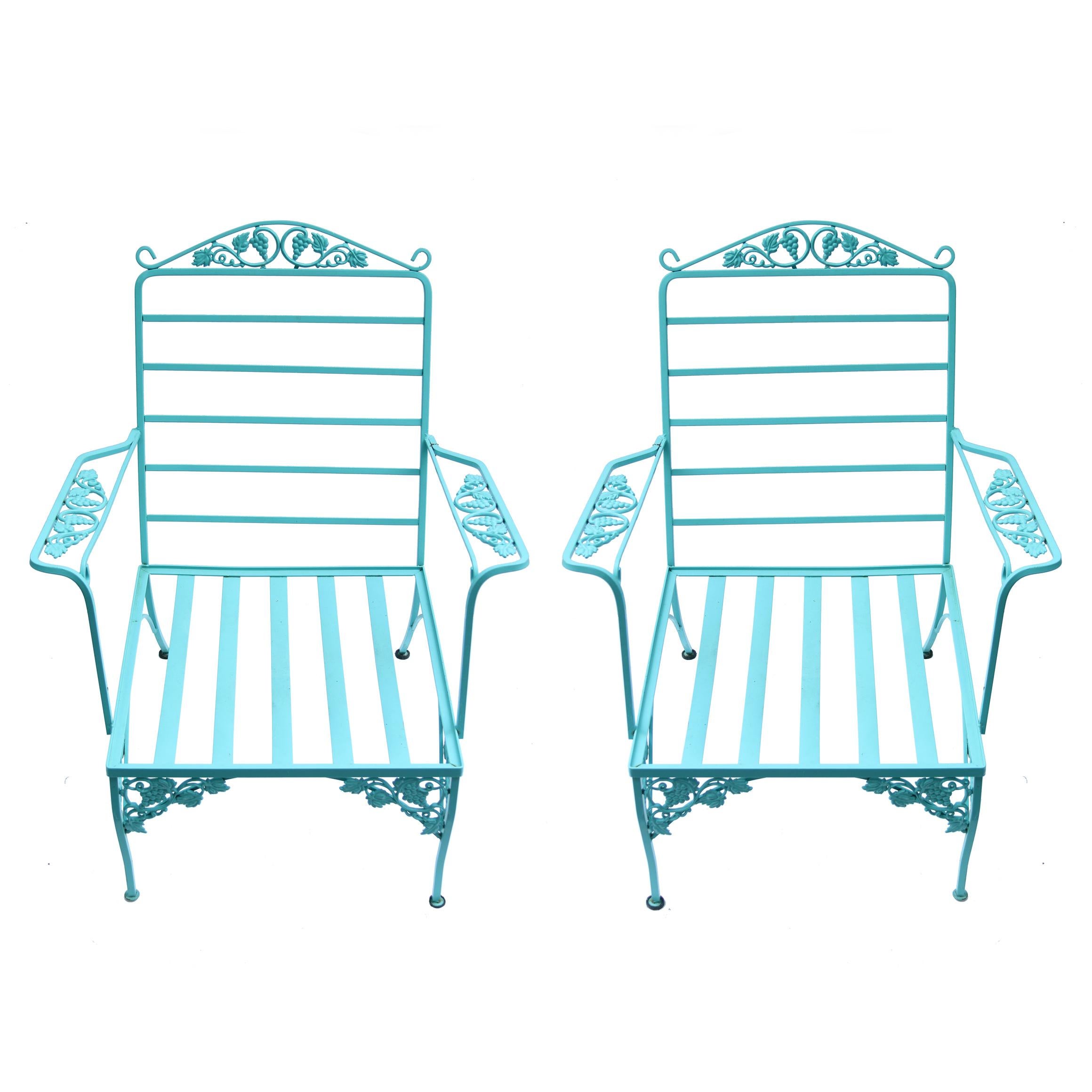 A complete suite of vintage Woodard outdoor furniture in the Salterini style. The turquoise color is stunning and a beautiful complement to a backyard pool patio or deck. The set includes two lounge chairs, two side armchairs, a sofa frame, a coffee