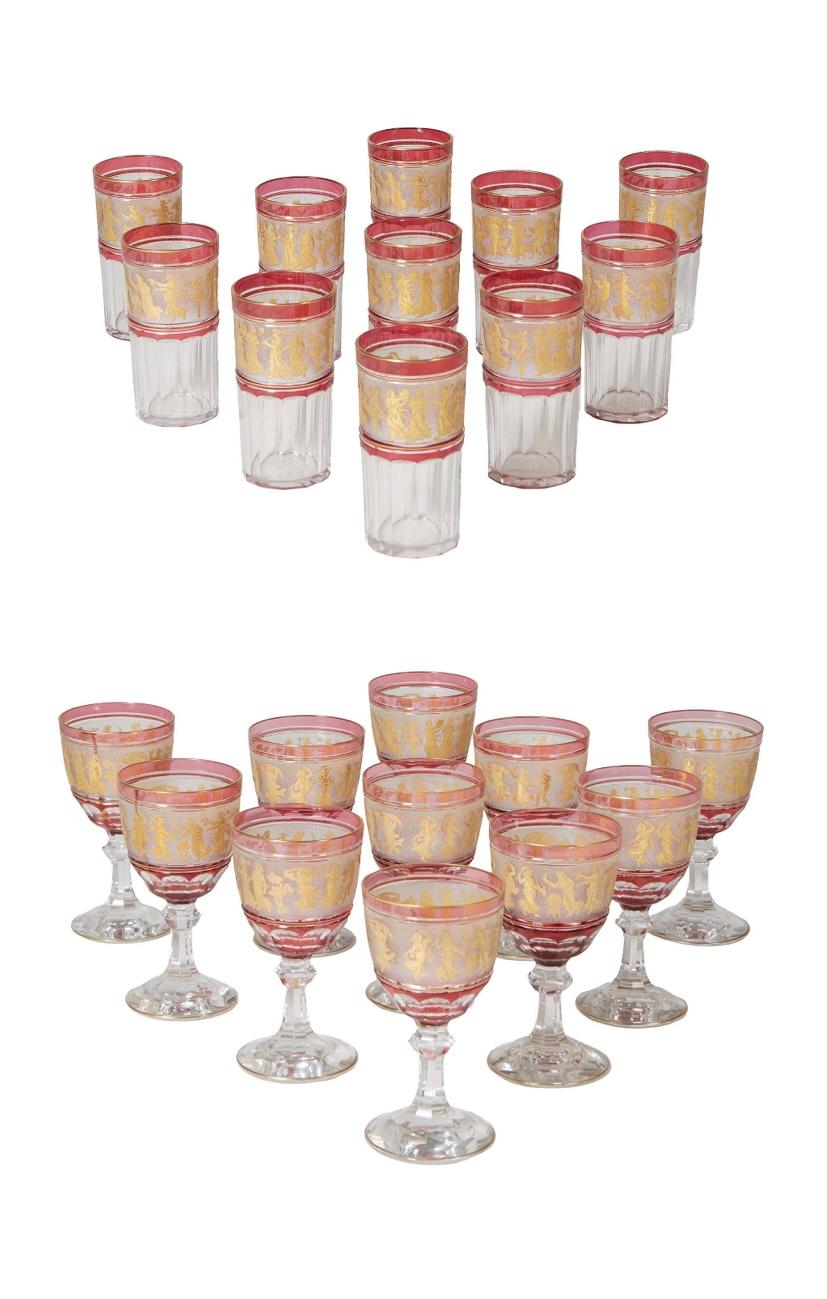 Early 20th Century Eleven Ruby & Gilt Cameo Figures Bar Glasses. Val Saint Lambert Antique C. 1920