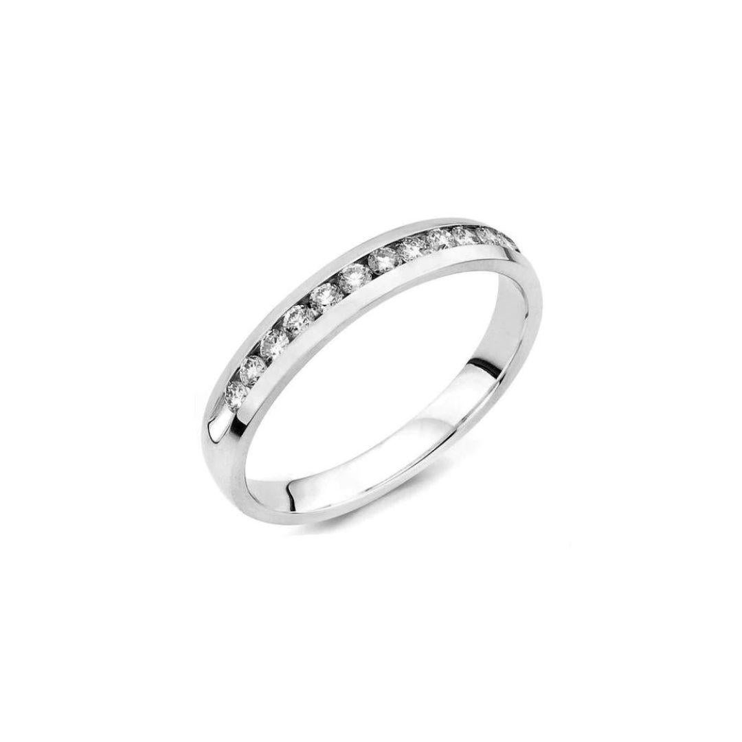 Classic ten stone channel set diamond band in 14k white gold. Band contains ten natural white round brilliant cut diamonds, weighing a combined carat weight of 0.33 ctw, H color, SI clarity. 

 