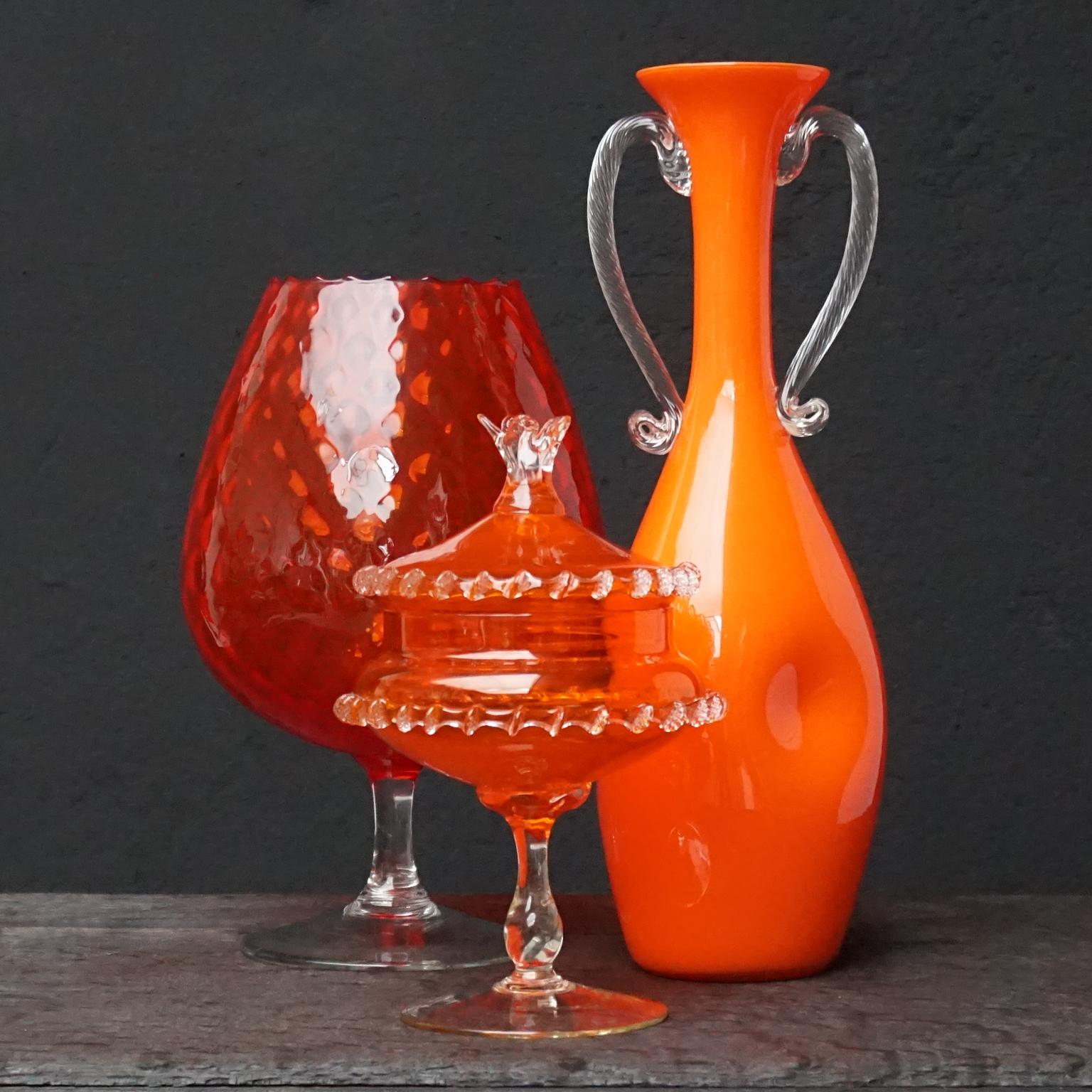 Opaline Glass Eleven Tangerine 60s Italian Empoli Rossini and Cased Glass Decanters Vases Jars