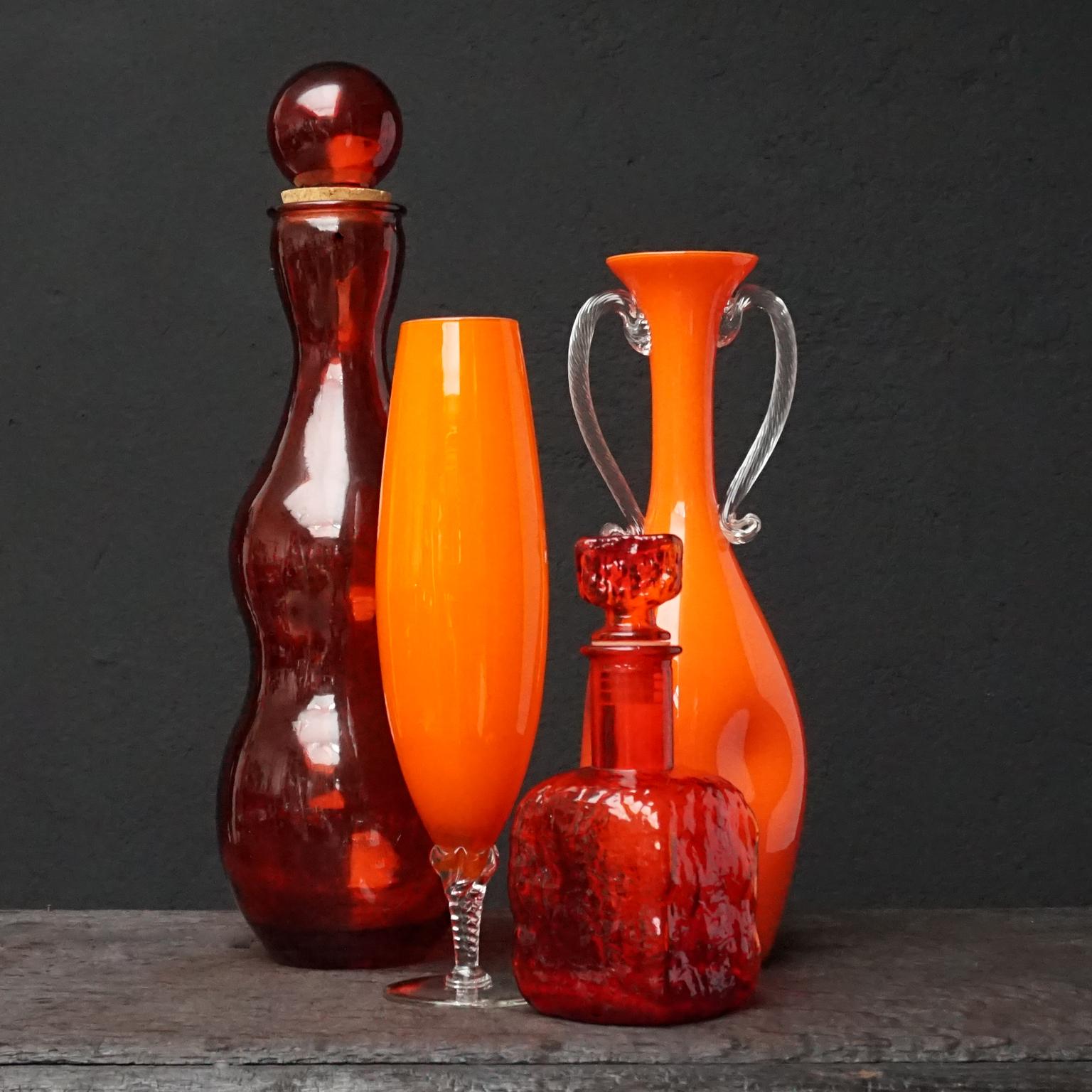 Eleven Tangerine 60s Italian Empoli Rossini and Cased Glass Decanters Vases Jars 2