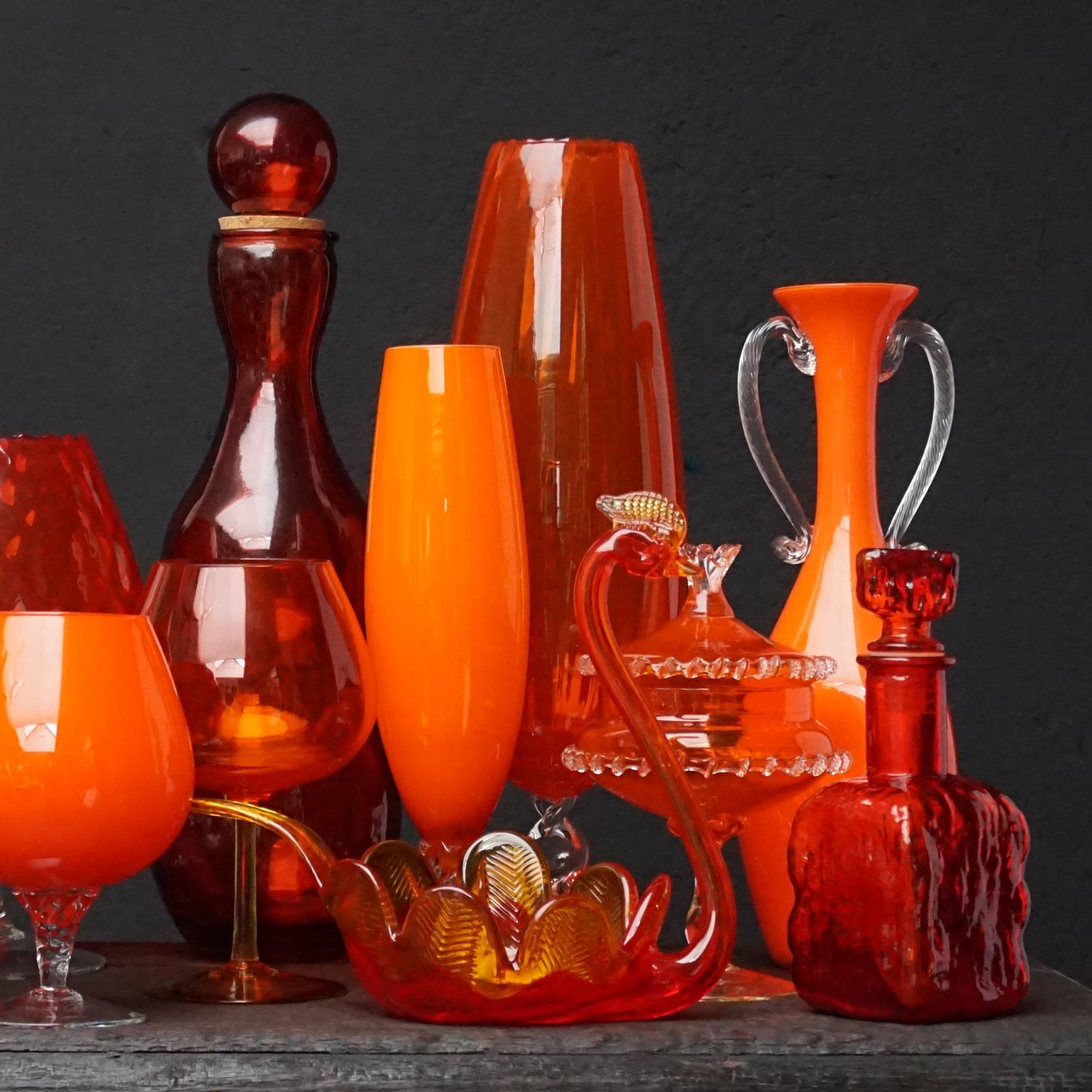 Mid-Century Modern Eleven Tangerine 60s Italian Empoli Rossini and Cased Glass Decanters Vases Jars