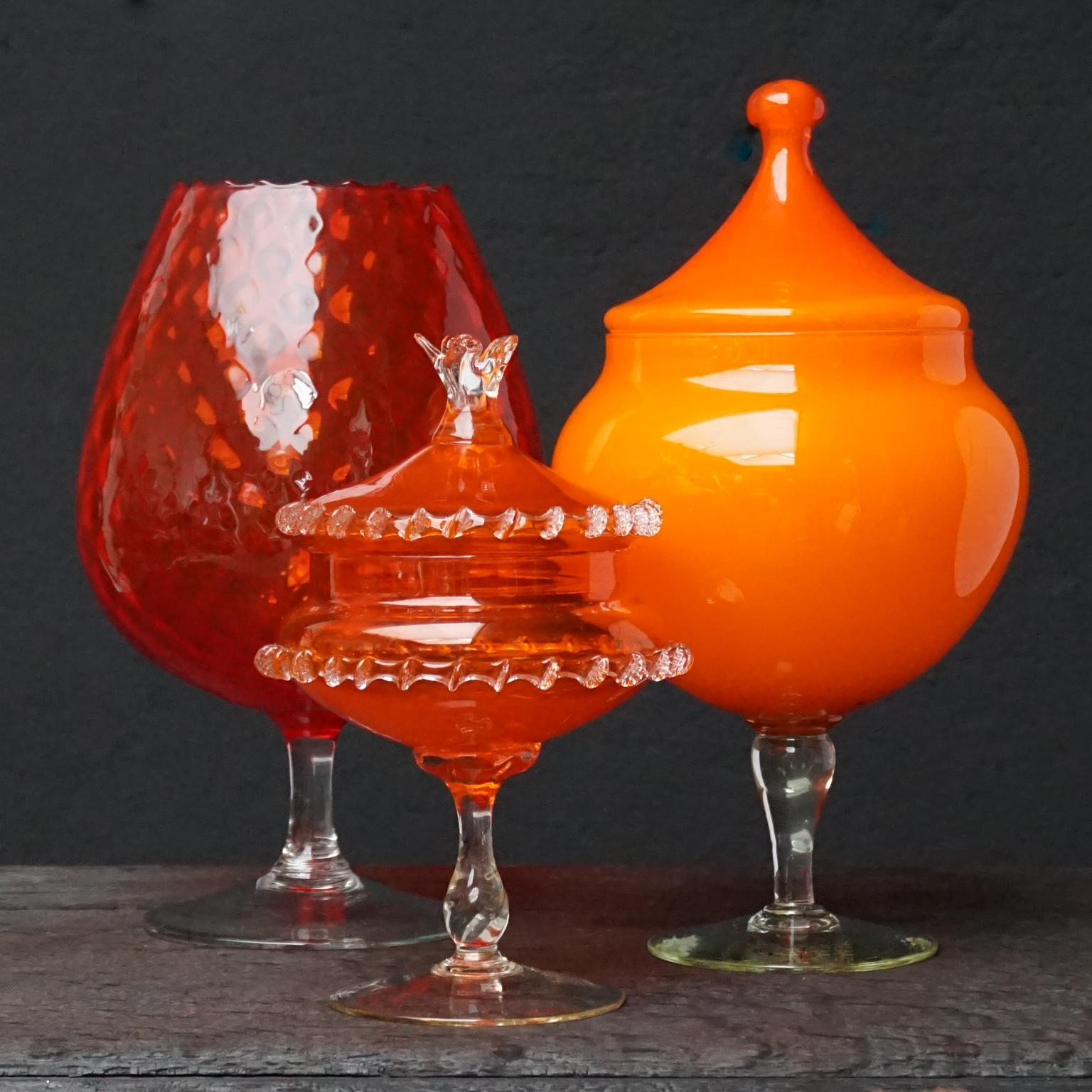 Mid-20th Century Eleven Tangerine 60s Italian Empoli Rossini and Cased Glass Decanters Vases Jars