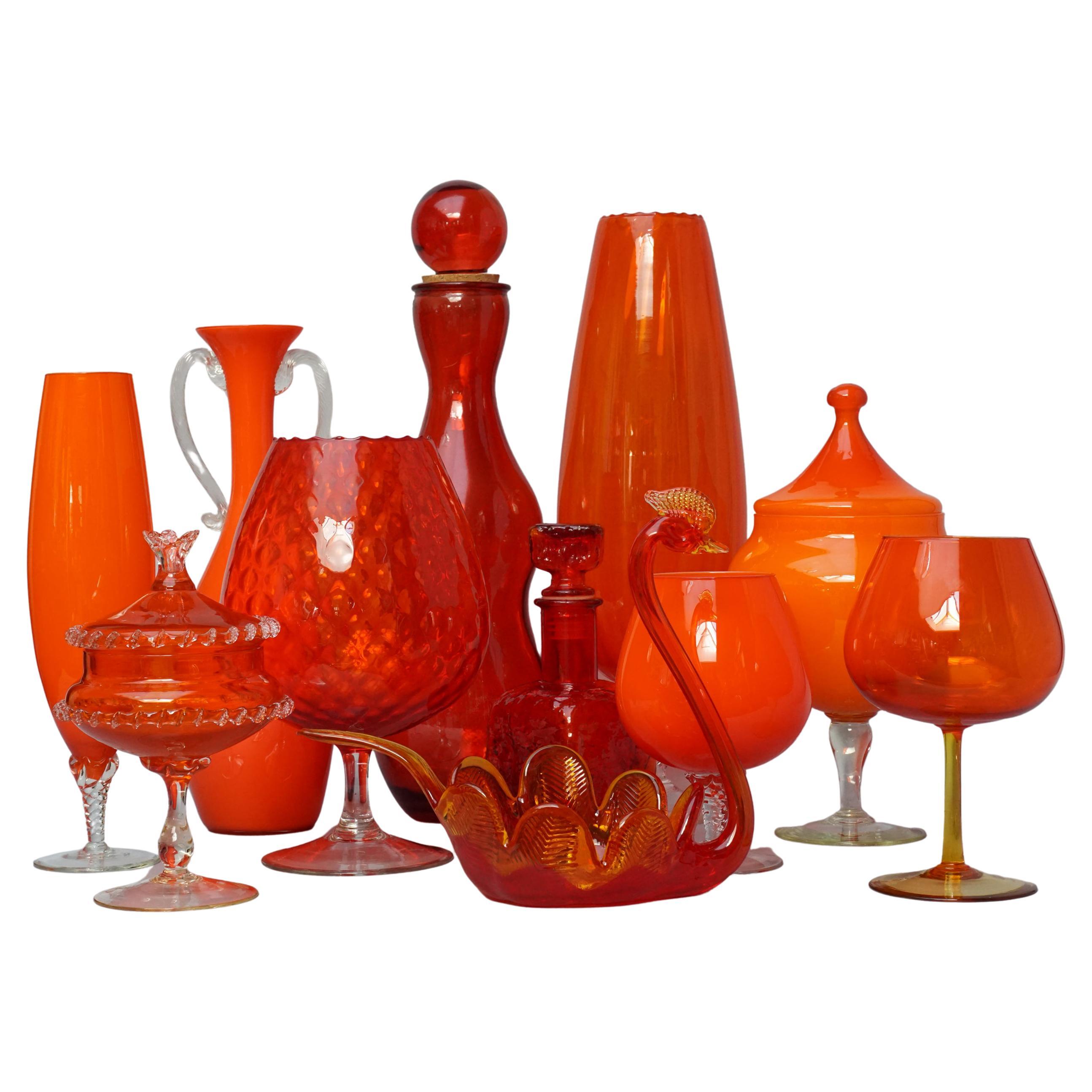 Eleven Tangerine 60s Italian Empoli Rossini and Cased Glass Decanters Vases Jars