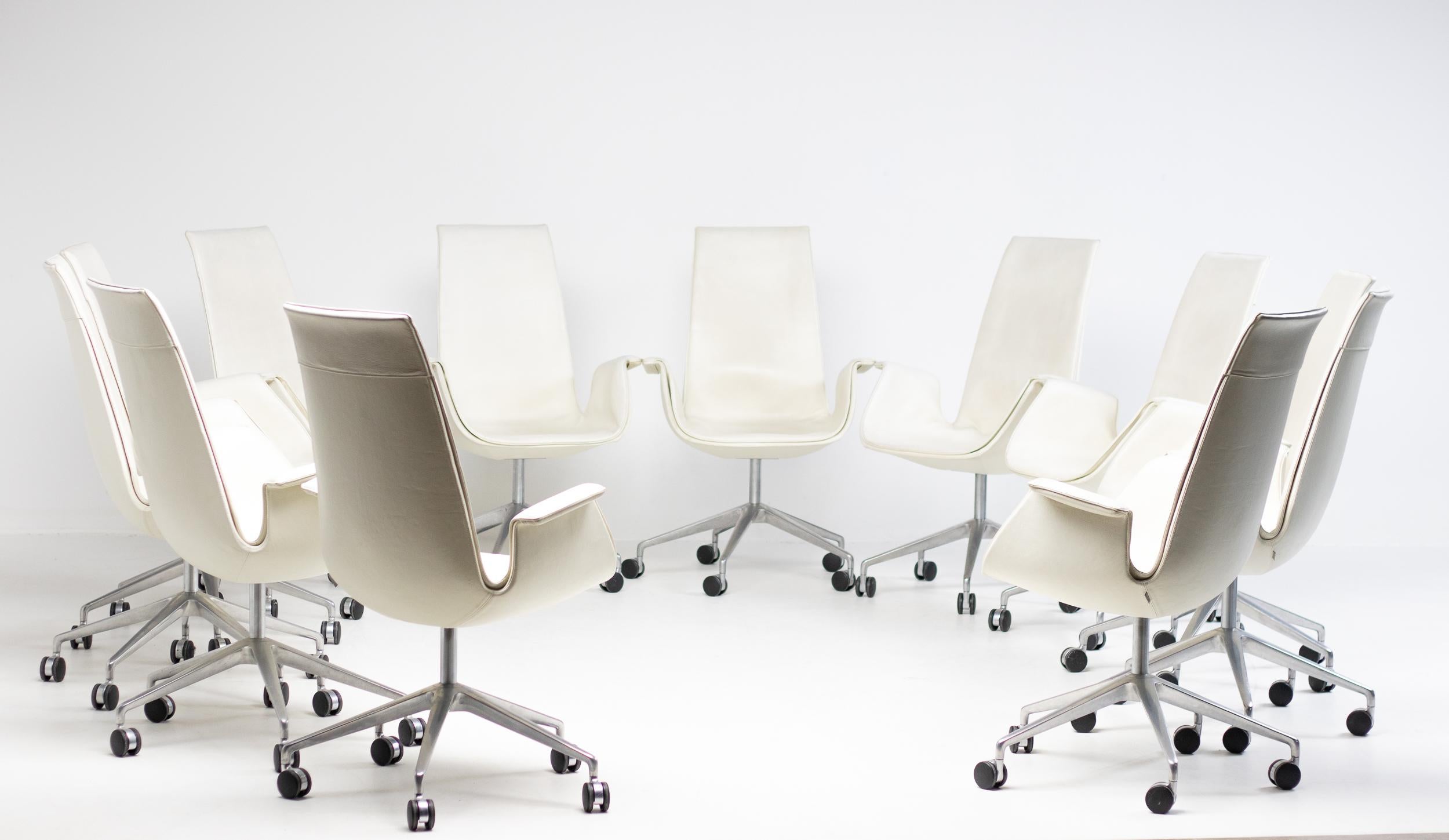 Ten White Leather High Back Bird Chairs on Wheels by Fabricius & Kastholm For Sale 4