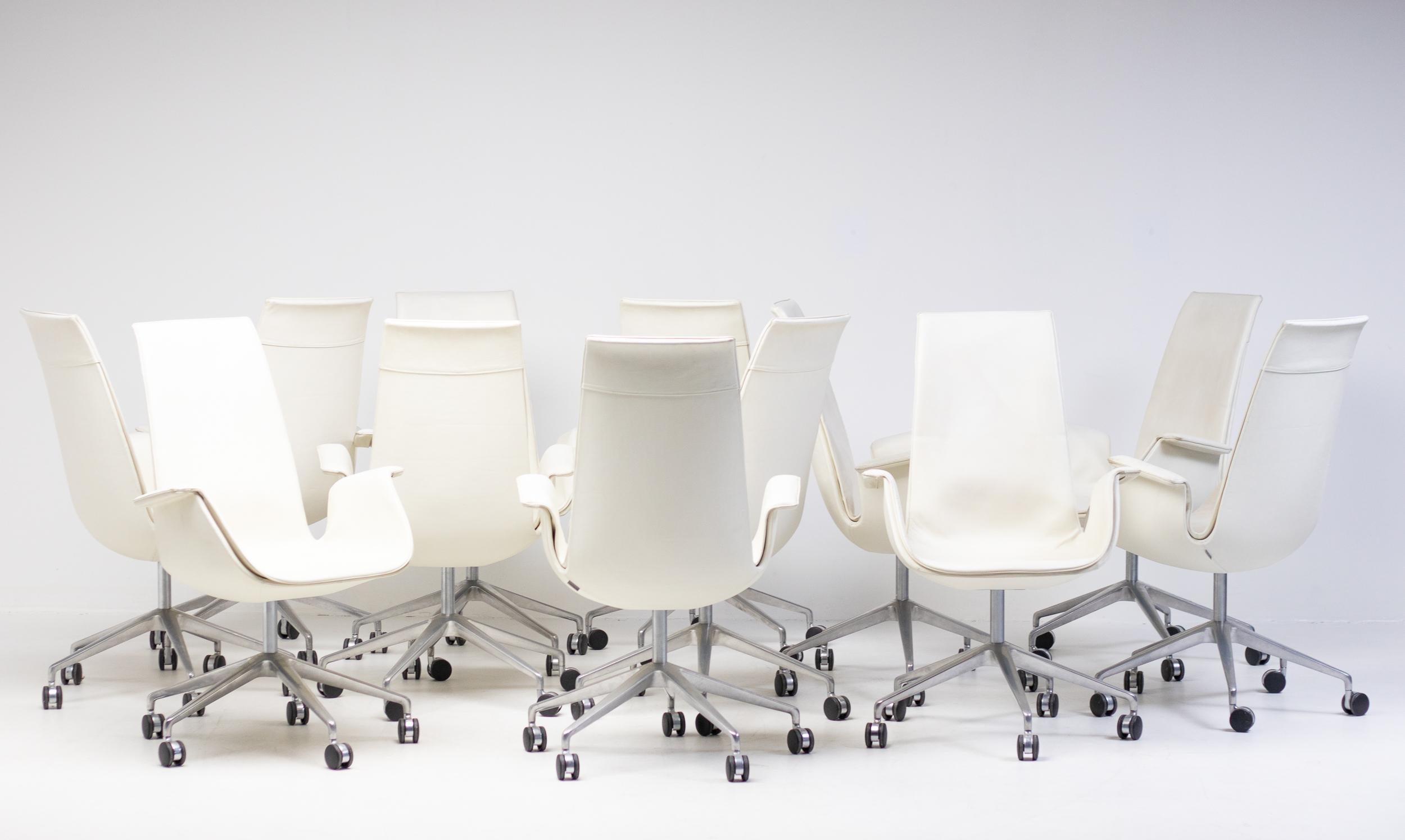 Ten White Leather High Back Bird Chairs on Wheels by Fabricius & Kastholm For Sale 7