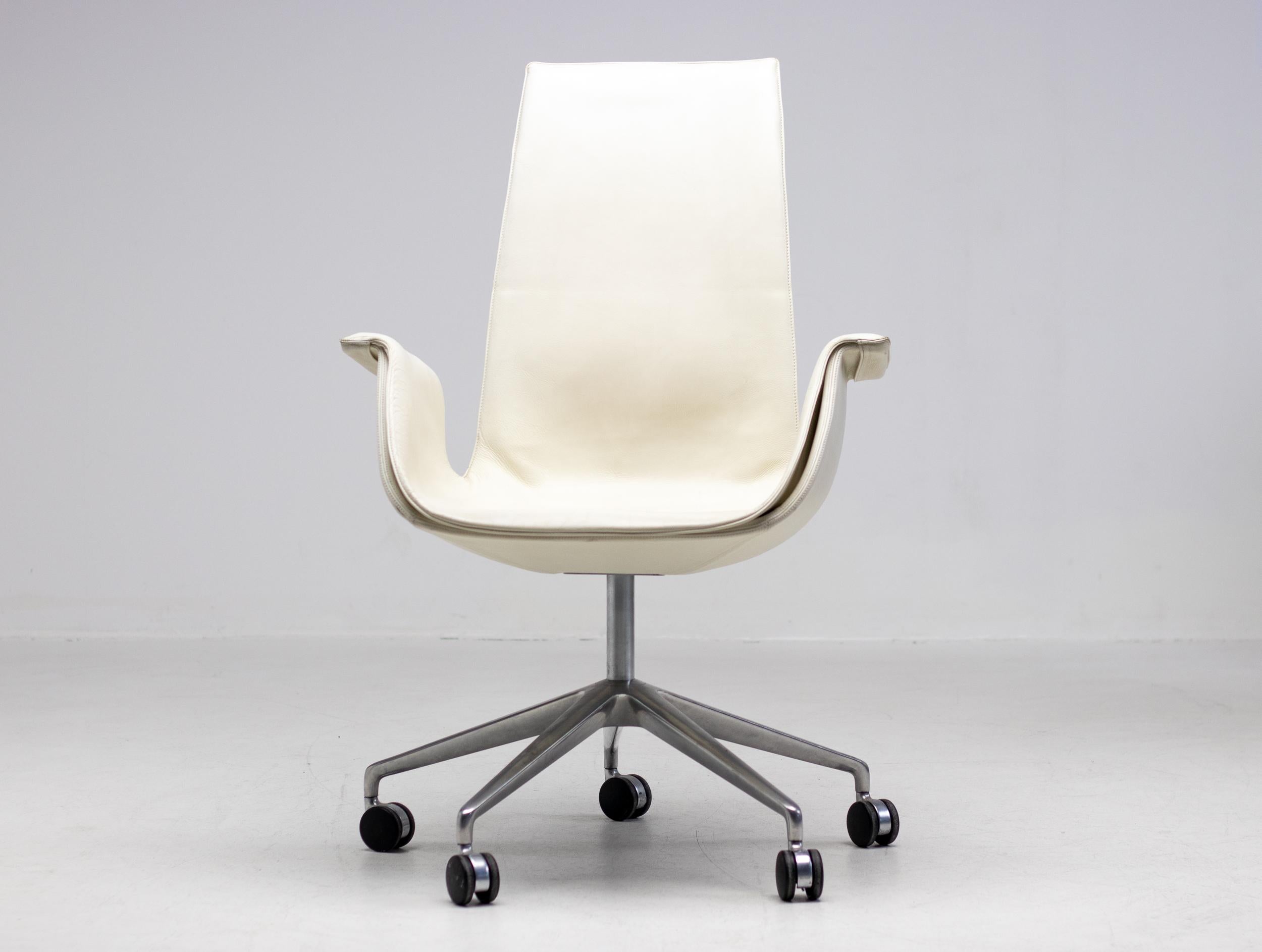 Danish Ten White Leather High Back Bird Chairs on Wheels by Fabricius & Kastholm For Sale