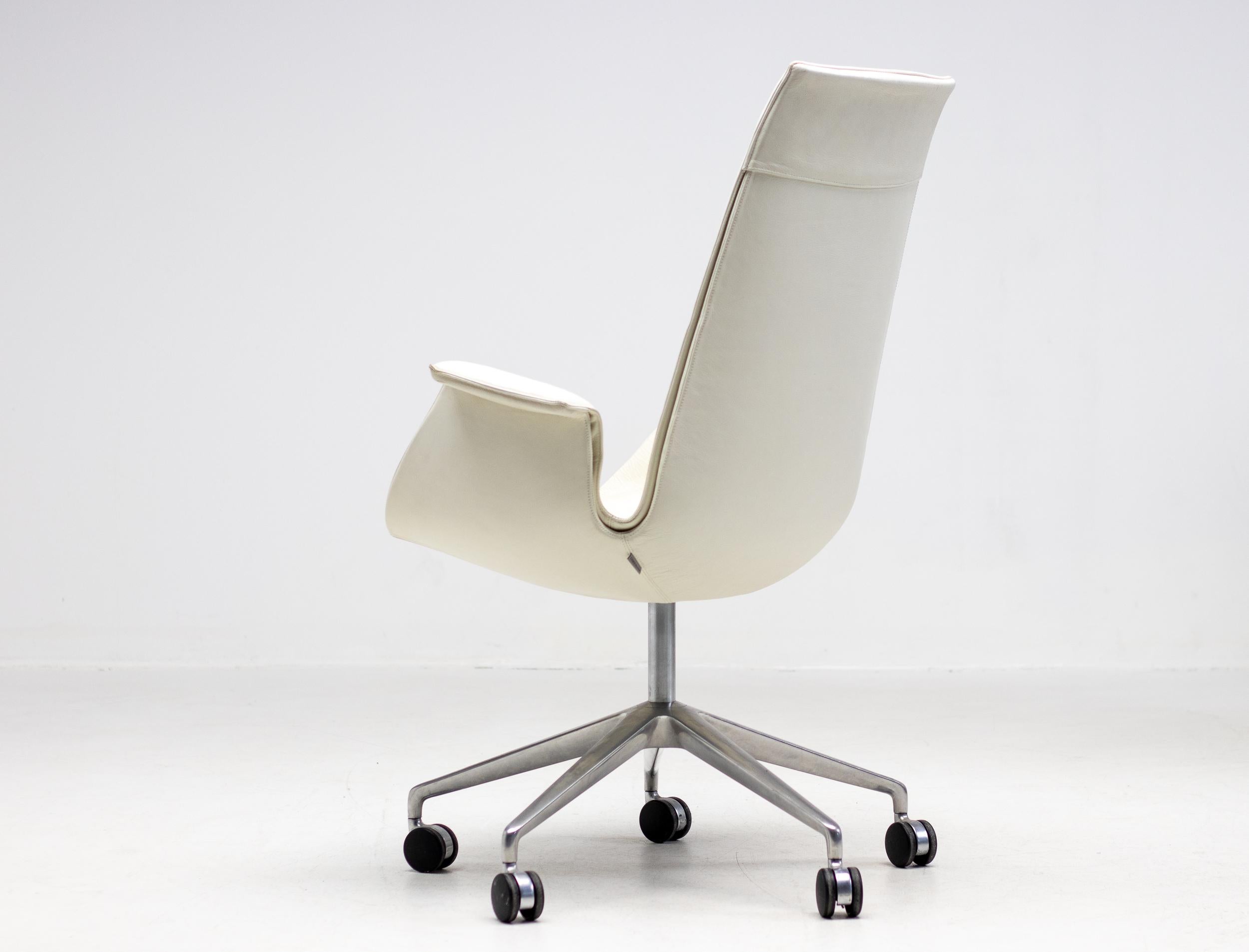 Steel Ten White Leather High Back Bird Chairs on Wheels by Fabricius & Kastholm For Sale