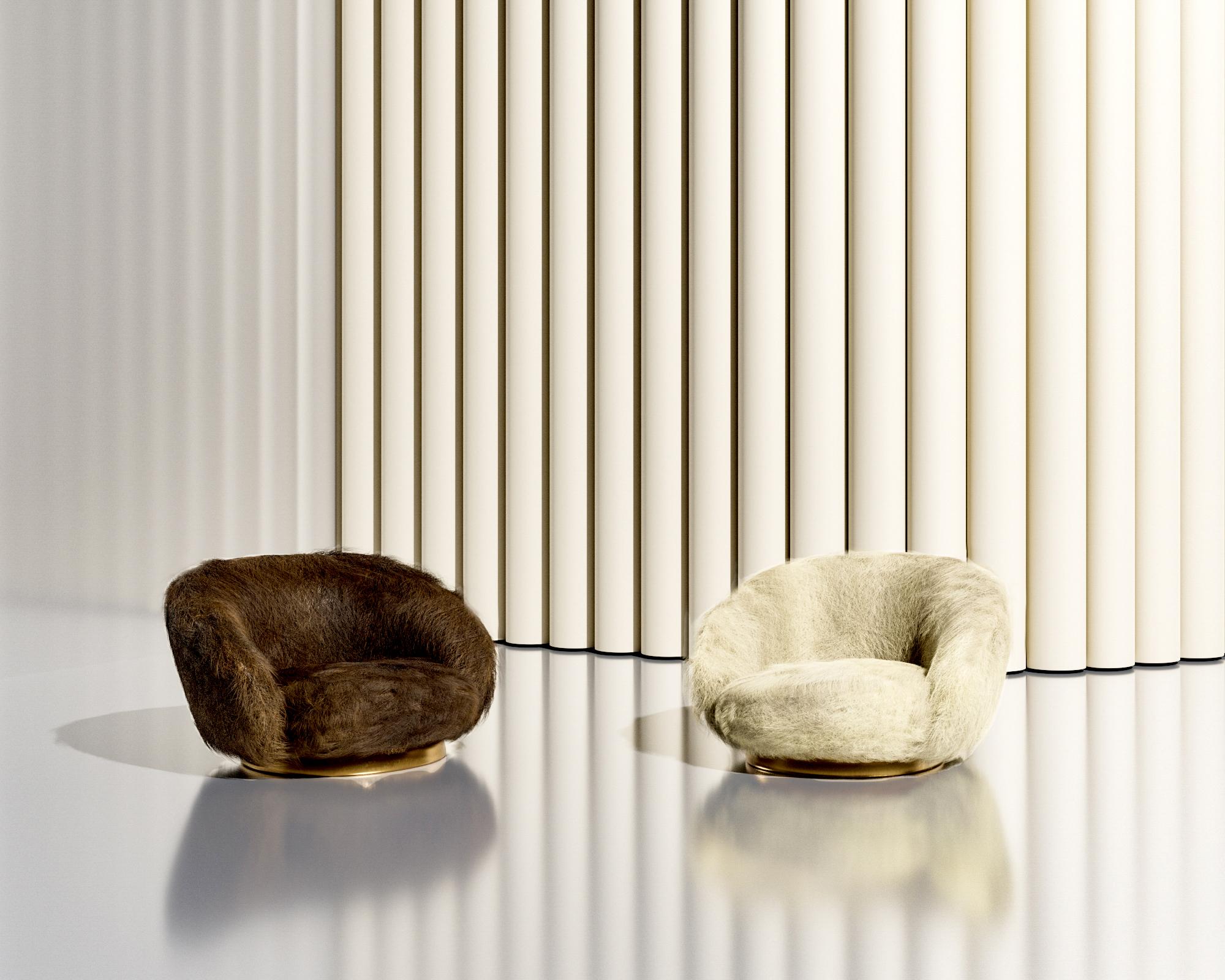French ELF Swivel Lounge Chair in Angora Goat or Islandic Sheepskin, liquid bronze base
