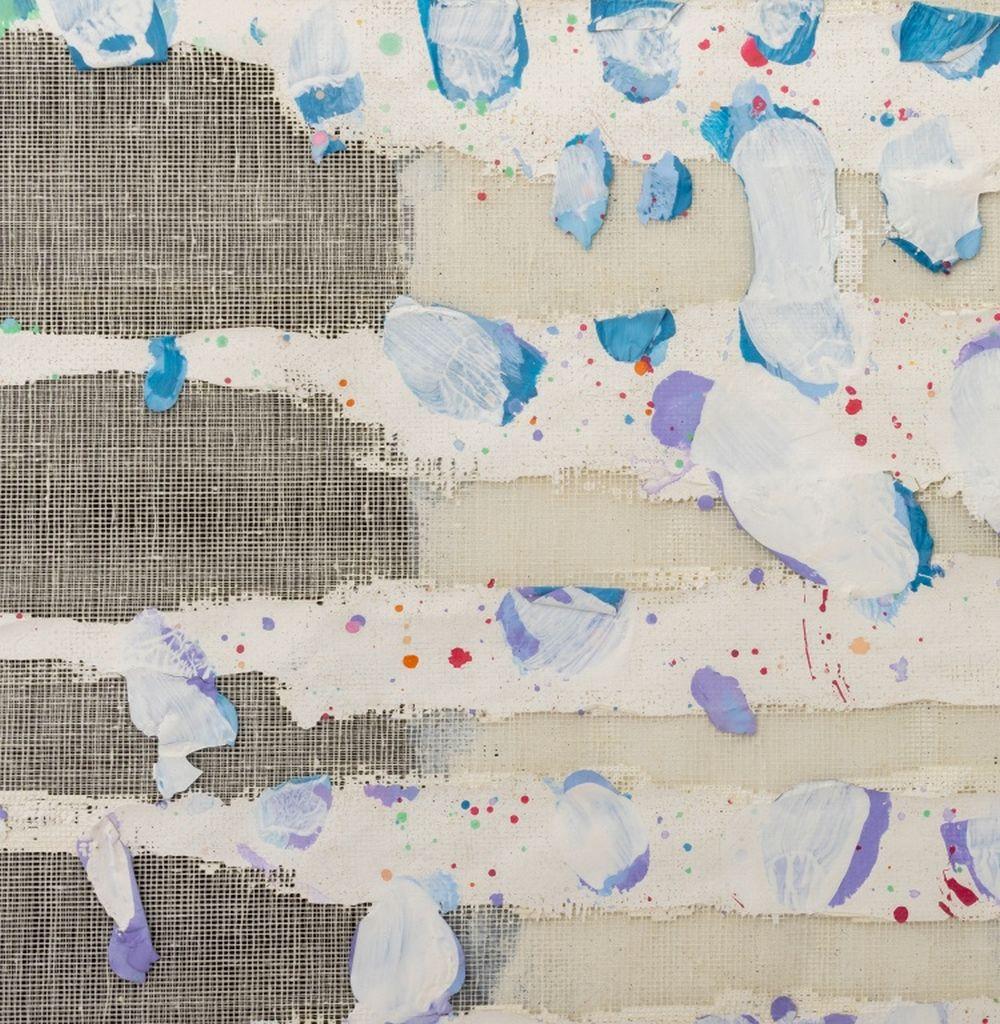 Elfi Schuselka (austriaca, n. 1940), Composición abstracta, acrílico sobre tarlatana, con elementos de pintura seca, montada sobre cuadrado de pintura seca, firmada en el verso. Alto 39,5