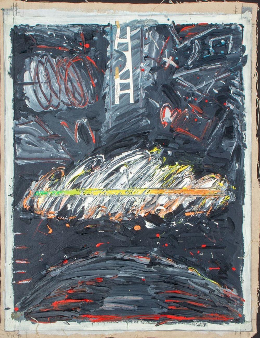 Elfi Schuselka (austriaca, nata nel 1940), Composizione astratta, Olio su tela con elementi di collage, timbro 