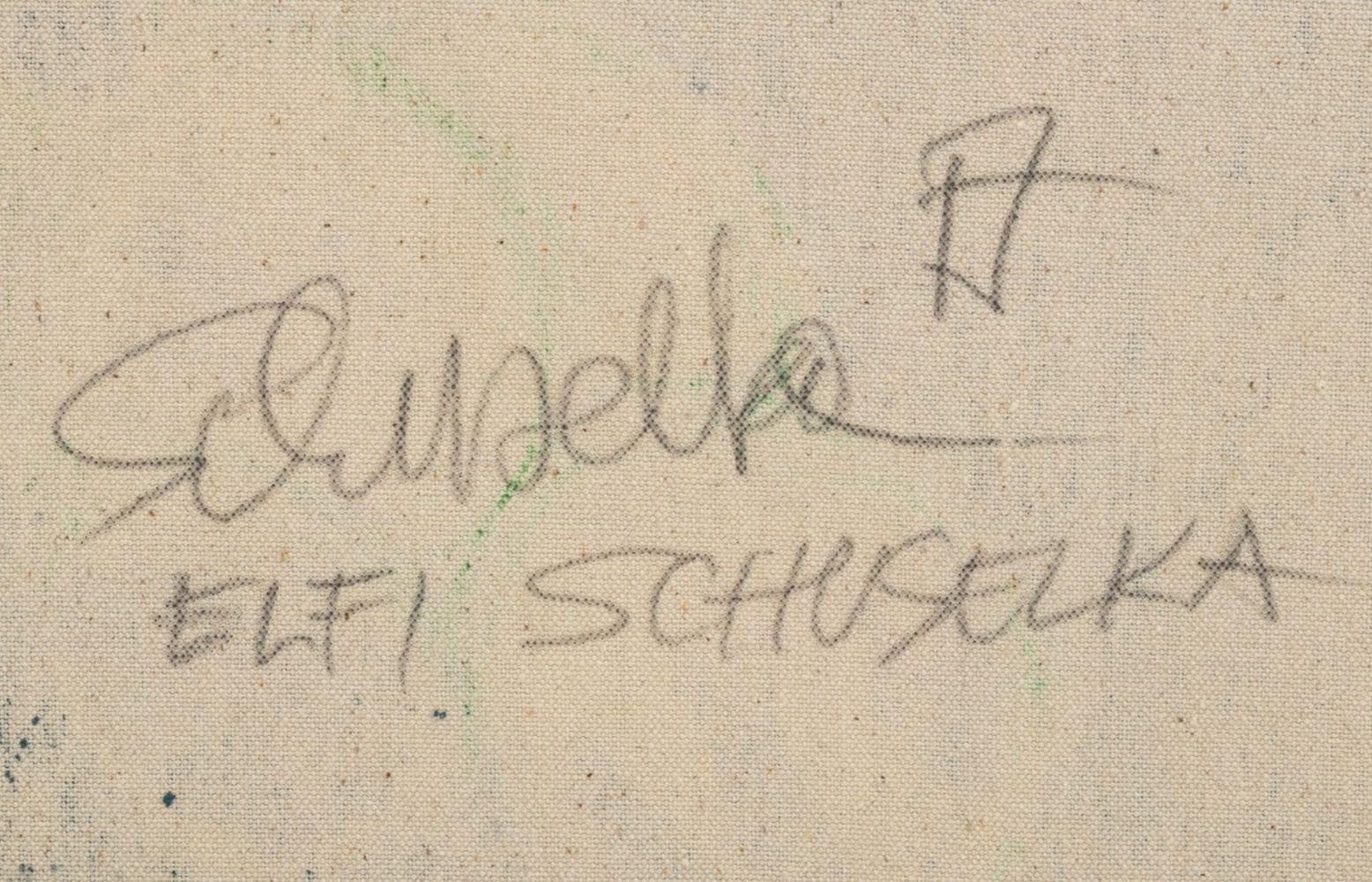 Elfi Schuselka (austriaca, nata nel 1940), Composizione astratta in verde, Olio su tela, firmato sul verso, non teso, senza cornice. 21,5