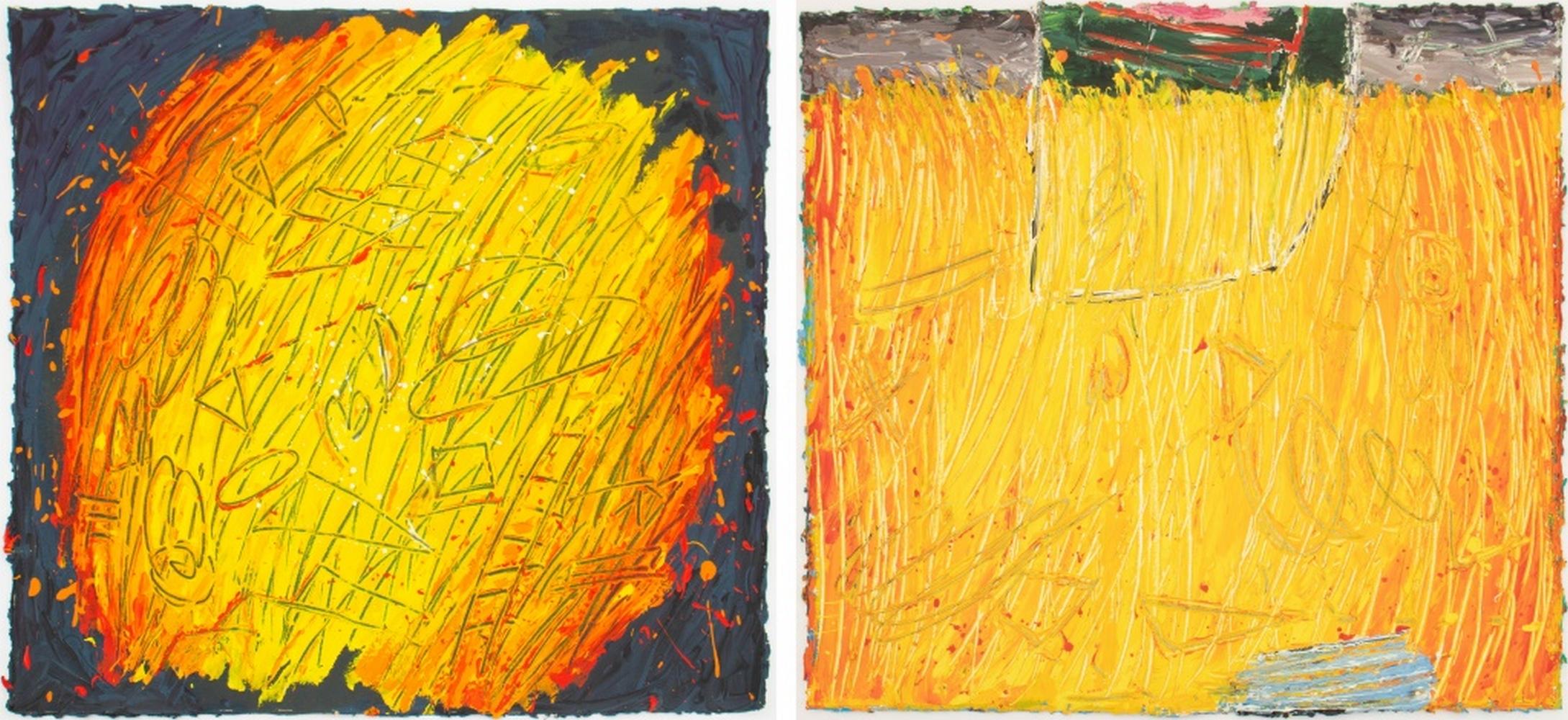 Elfi Schuselka (austriaca, nata nel 1940), Due composizioni astratte, acrilico su tela, apparentemente non firmate e senza cornice. 21" H. x 23" L. Provenienza: Dalla collezione dell'artista.   Nota: Schuselka ha studiato fotografia, storia