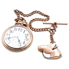 Elgin 10 Karat Yellow Gold Pocket Watch with Mother of Pearl Horse Fob