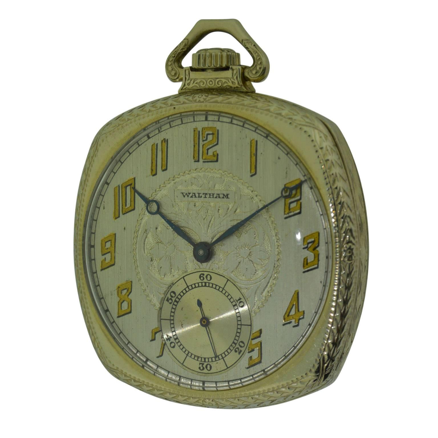 Elgin 14 Karat White Gold Art Deco Cushion Shaped Pocket Watch In Excellent Condition In Long Beach, CA