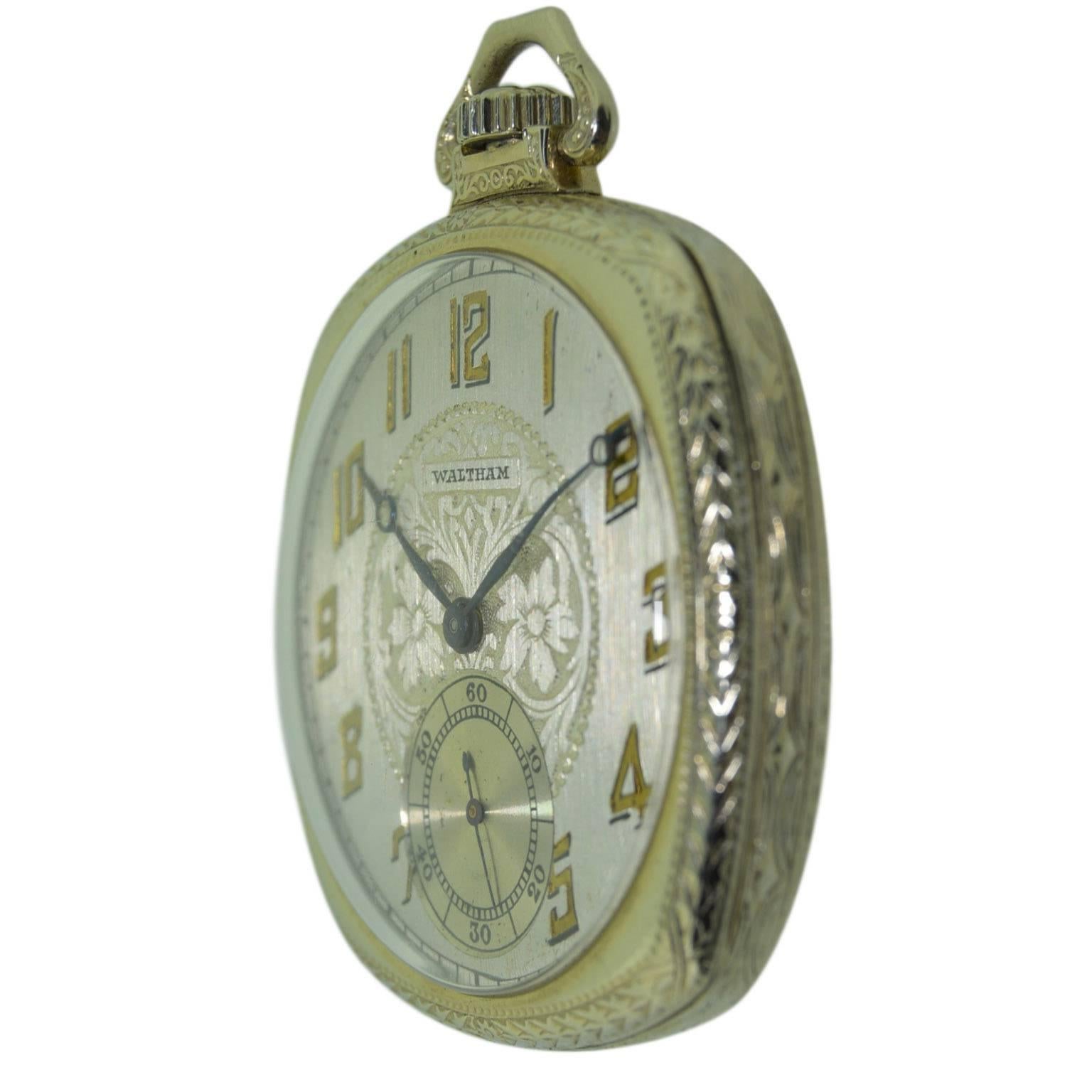 Women's or Men's Elgin 14 Karat White Gold Art Deco Cushion Shaped Pocket Watch