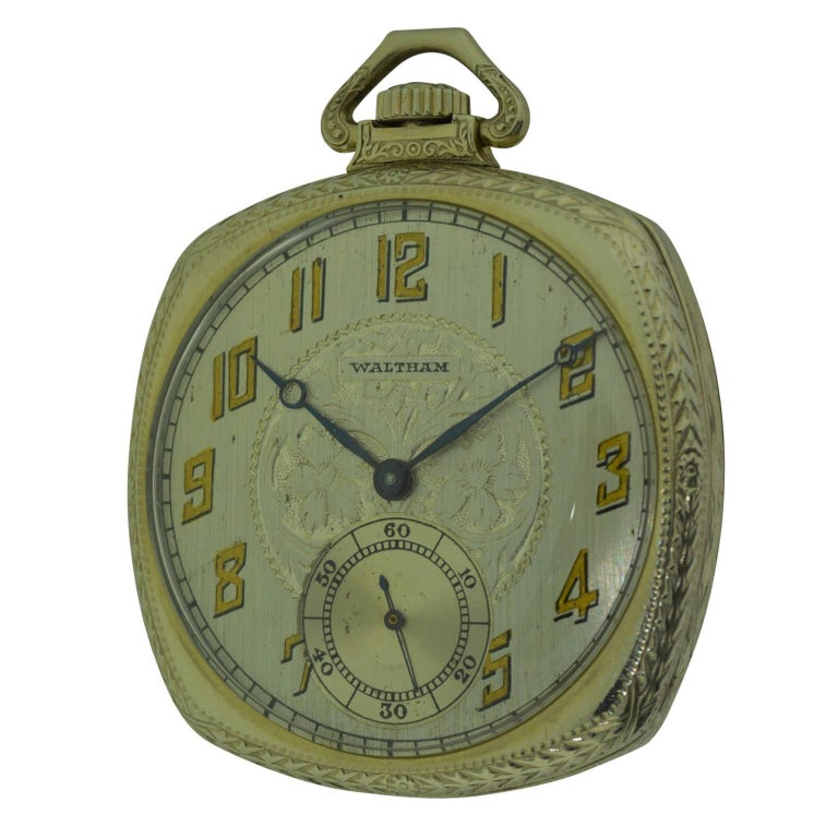 Elgin 14 Karat White Gold Art Deco Cushion Shaped Pocket Watch at