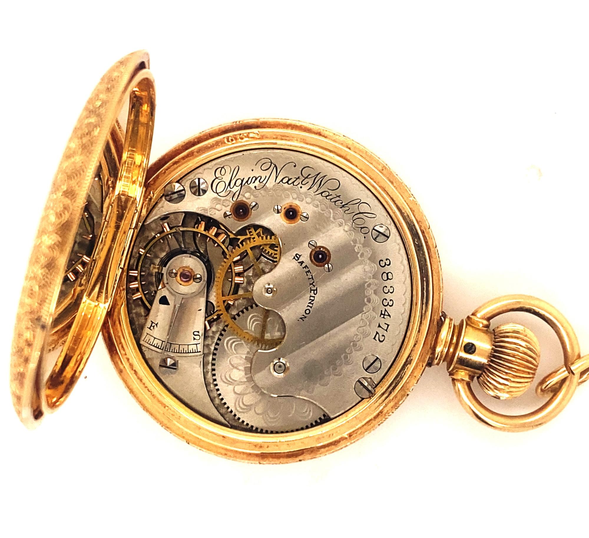Victorian Elgin 14K Gold Fancy Hunter Case Pocket Watch .45 C Old Cut Diamond For Sale