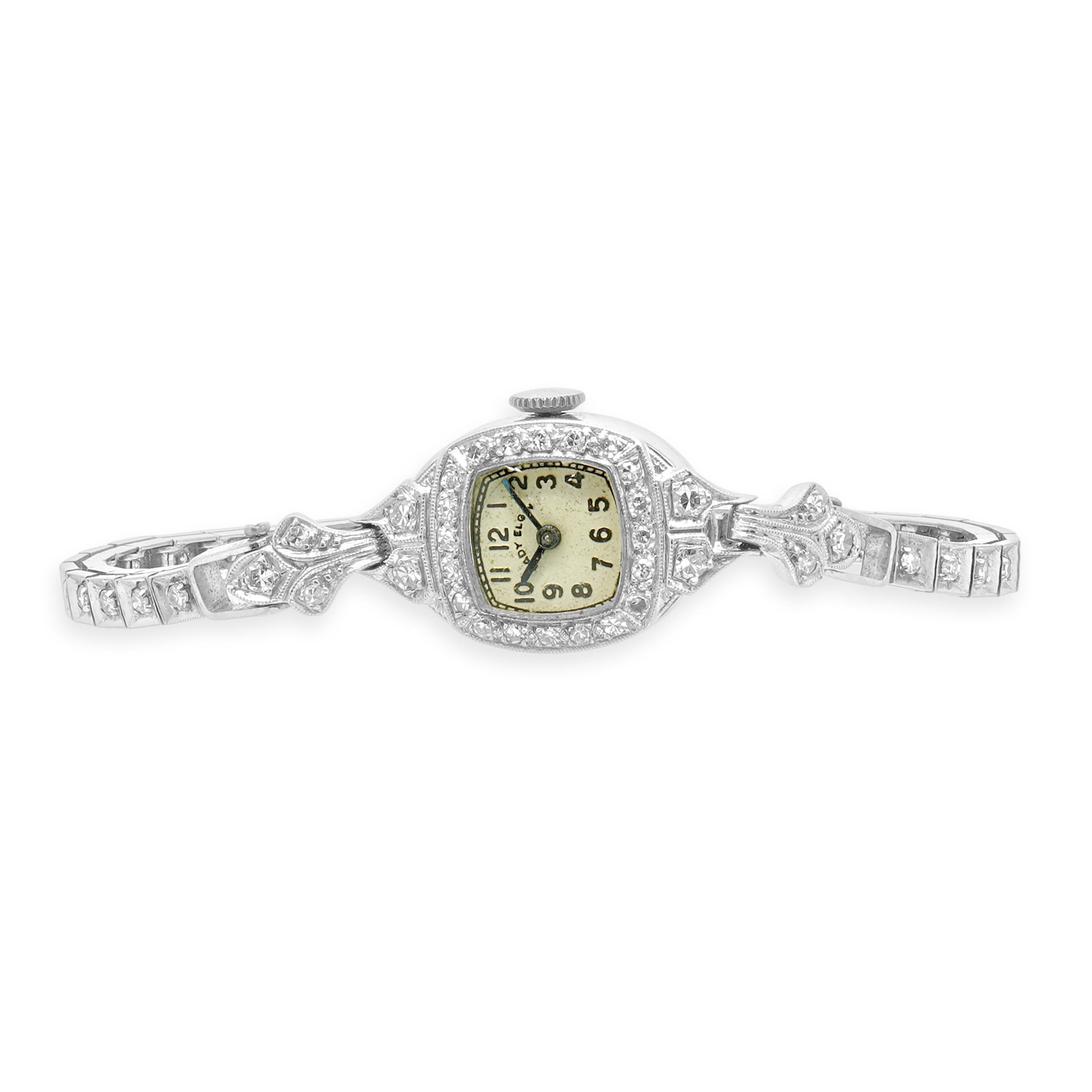 Movement: manual
Function: hours, minutes
Case: round 10mm 14k white gold diamond case
Dial: champagne
Serial # H615XXX

No box or papers.
Guaranteed to be authentic by seller.