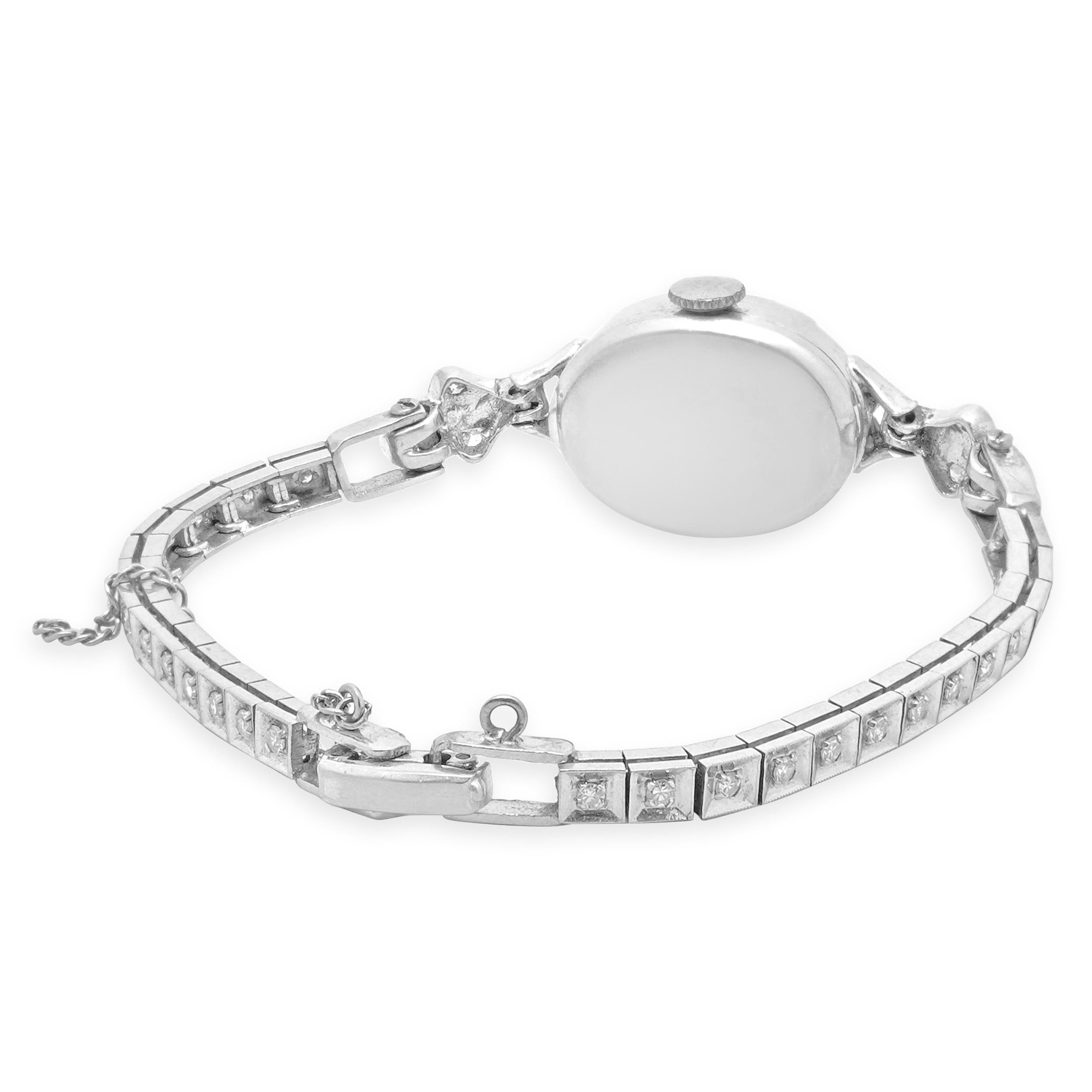 Mixed Cut Elgin 14k White Gold Vintage Art Deco Diamond Ladies Manual Wind Watch For Sale