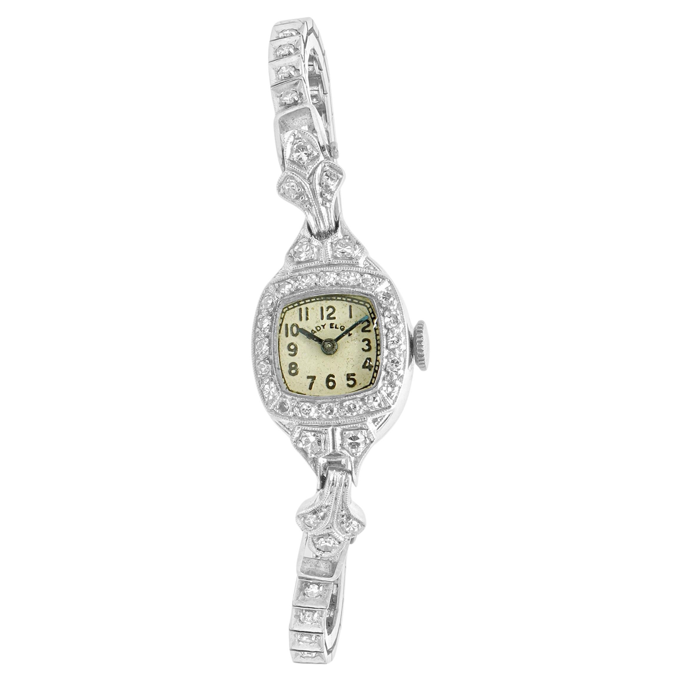 Elgin 14k White Gold Vintage Art Deco Diamond Ladies Manual Wind Watch For Sale