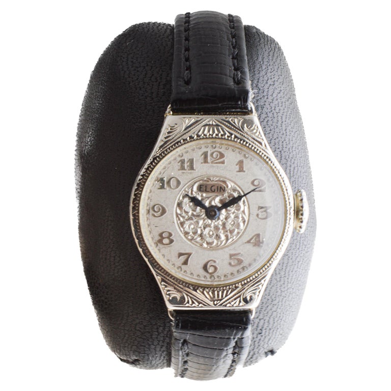 Elgin 14Kt Art Deco Watch Hand Engraved Case and Dial circa 