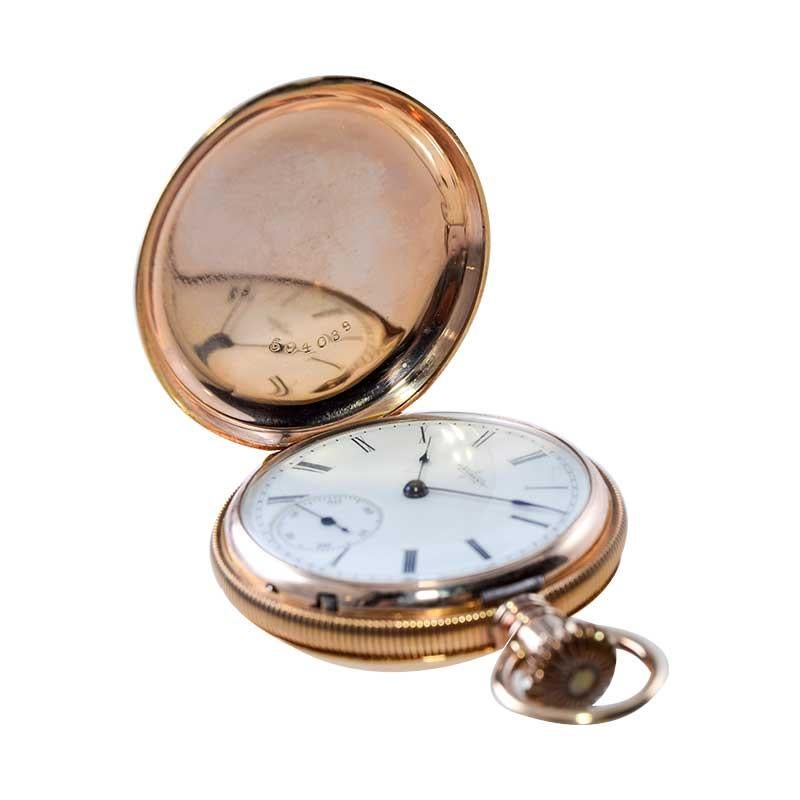 FACTORY / HOUSE: Elgin Watch Company
STYLE / REFERENCE: Hunters Case Pocket Watch
METAL / MATERIAL: 14Kt. Solid Gold 
CIRCA / YEAR: 1887
DIMENSIONS / SIZE: Length & Diameter 40mm
MOVEMENT / CALIBER: Manual Winding / 7 Jewels 
DIAL / HANDS: Kiln
