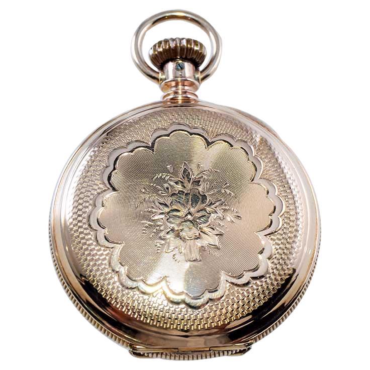 Women's or Men's Elgin 14Kt. Gold Hunters Case Pocket with Kiln Fired Enamel Dial from 1887 For Sale