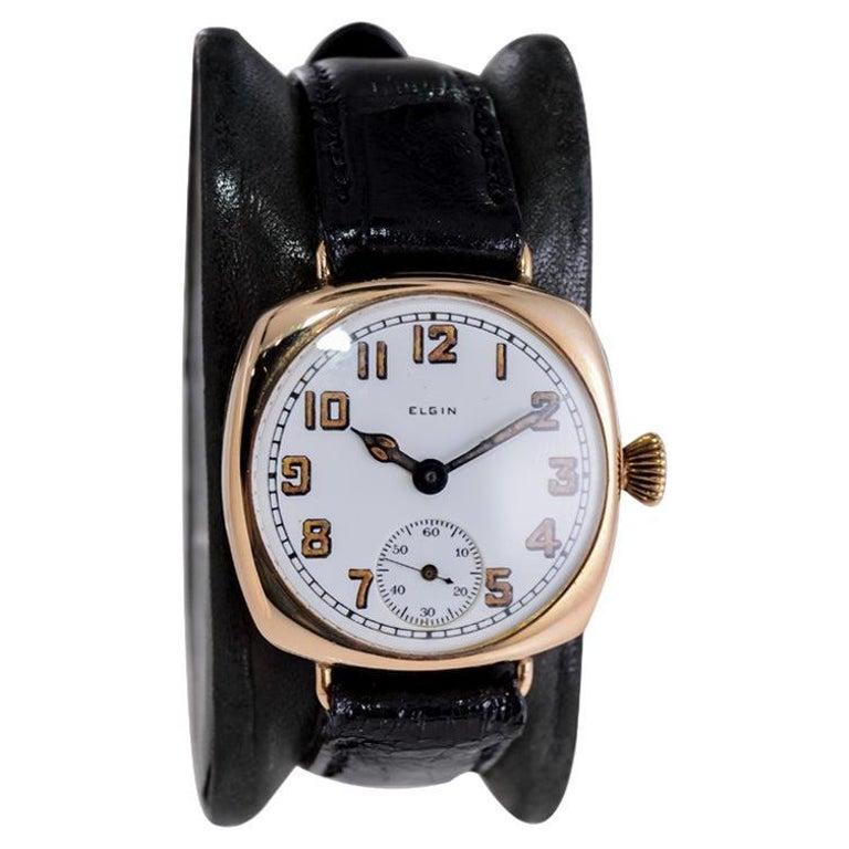 Elgin 14Kt. Solid Gold Cushion Shaped Early Wrist Watch High Grade from