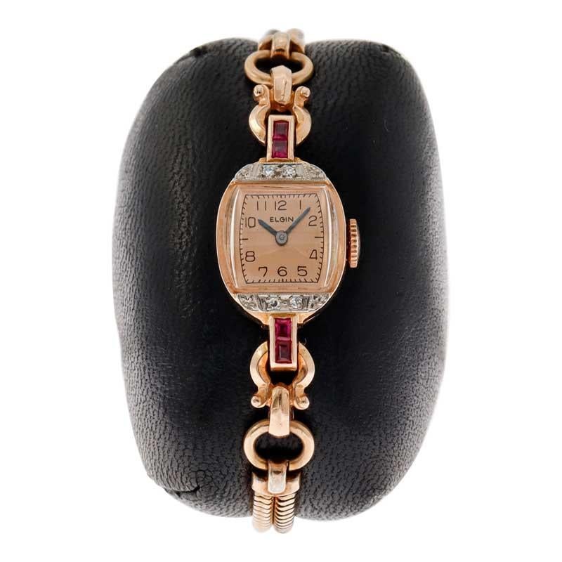 Elgin 14Kt. Solid Rose Gold Art Deco Ladies Dress Watch from the 1940's In Excellent Condition In Long Beach, CA