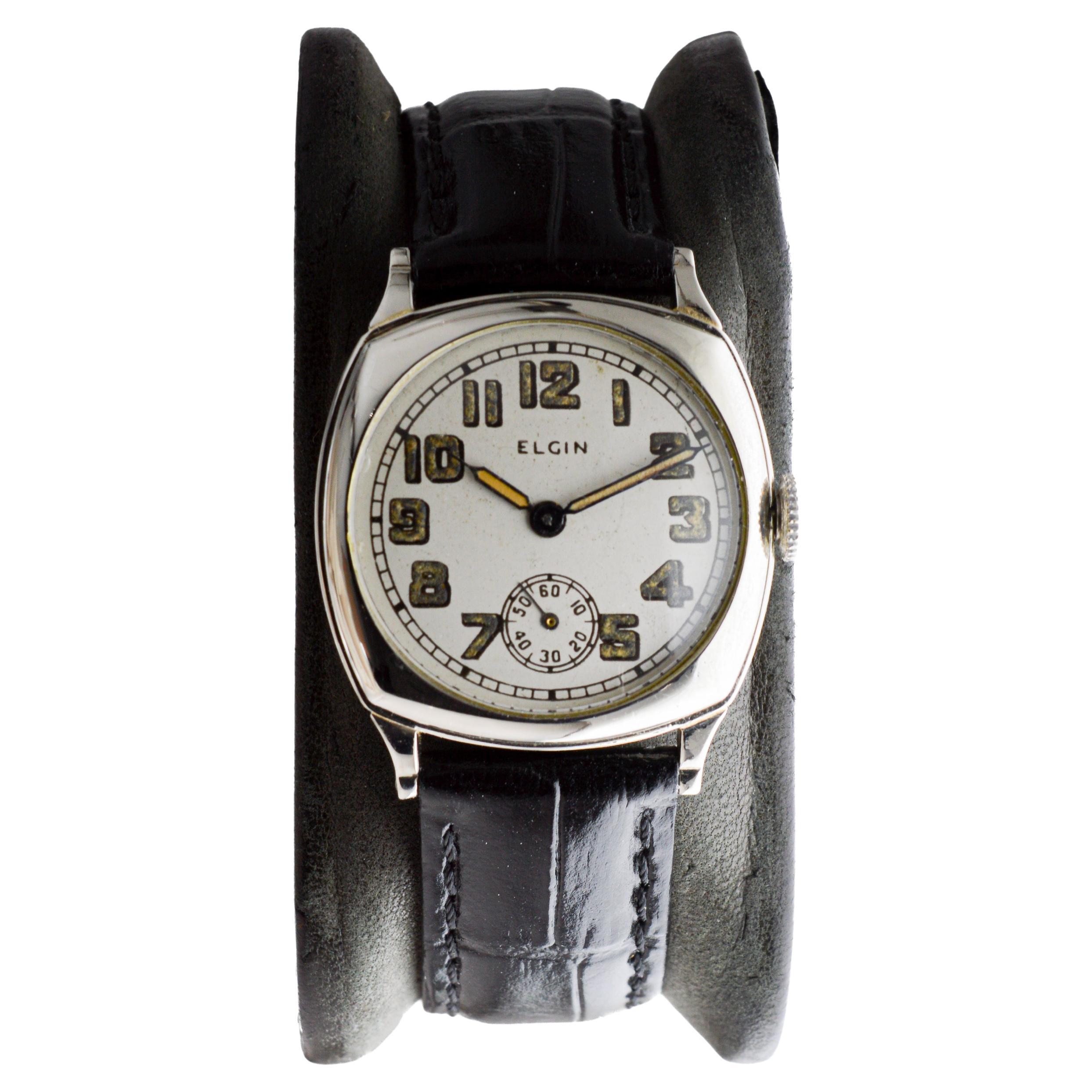 Women's or Men's Elgin 14Kt Solid White Gold Art Deco Watch with Original Dial circa 1926 For Sale