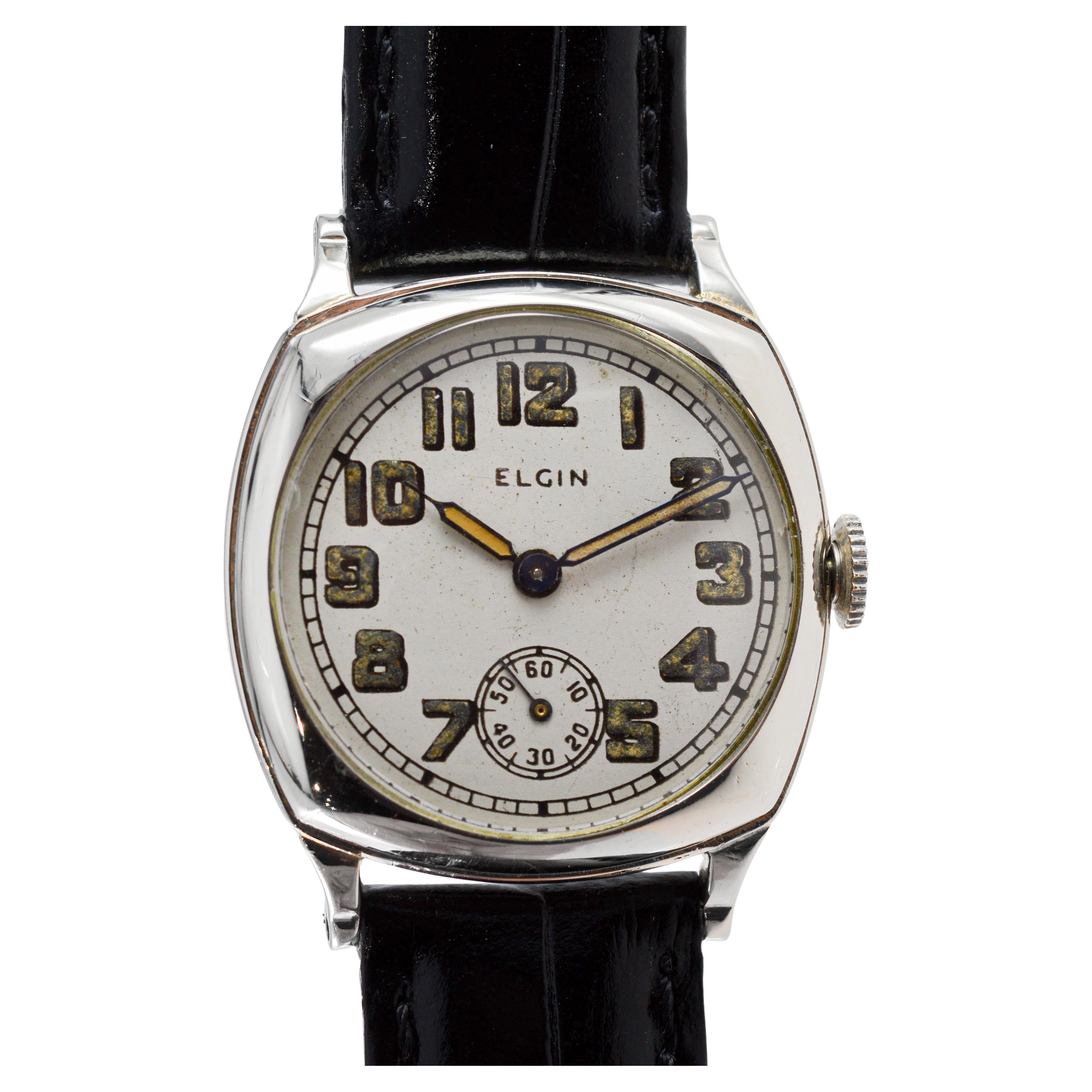 Elgin 14Kt Solid White Gold Art Deco Watch with Original Dial circa 1926 For Sale 4