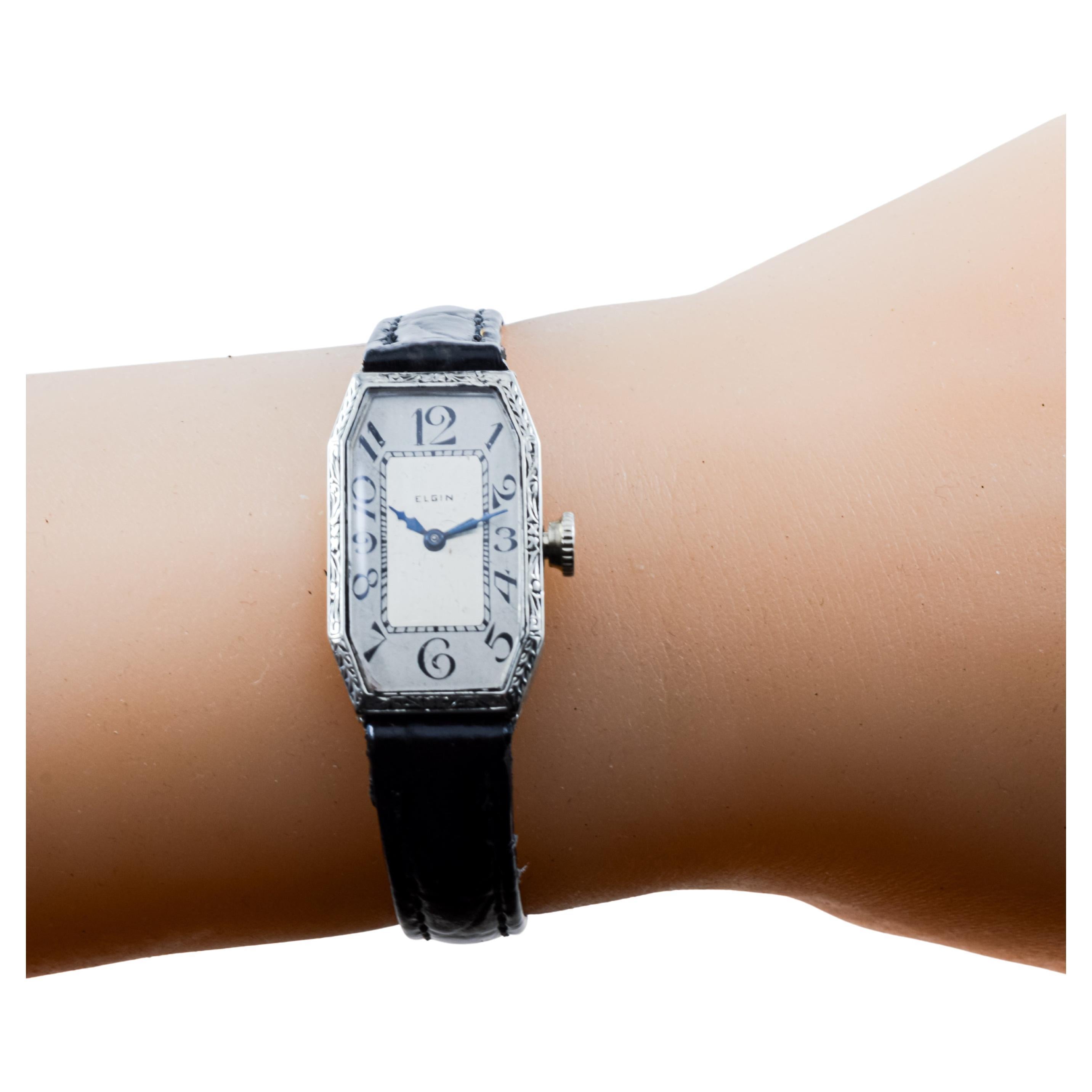 Elgin 14Kt White Gold Art Deco Ladies Watch circa 1920 with Original Dial For Sale 10