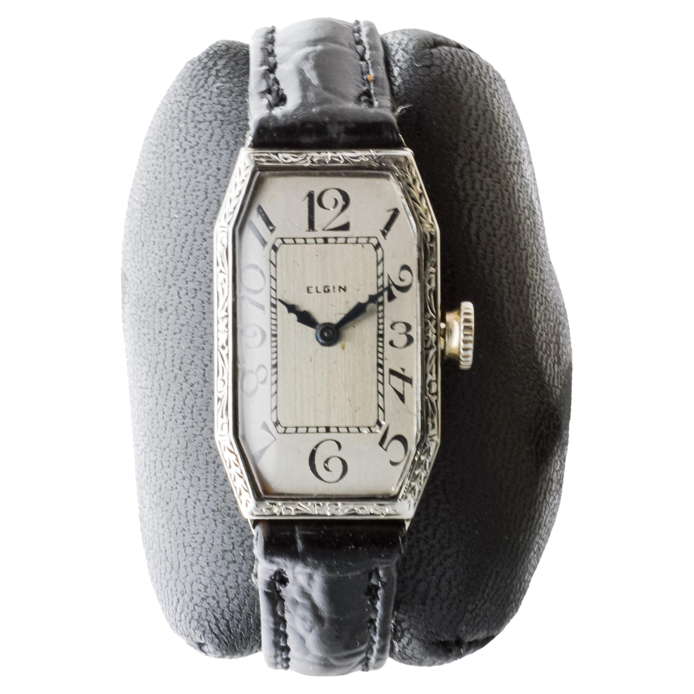Women's Elgin 14Kt White Gold Art Deco Ladies Watch circa 1920 with Original Dial For Sale
