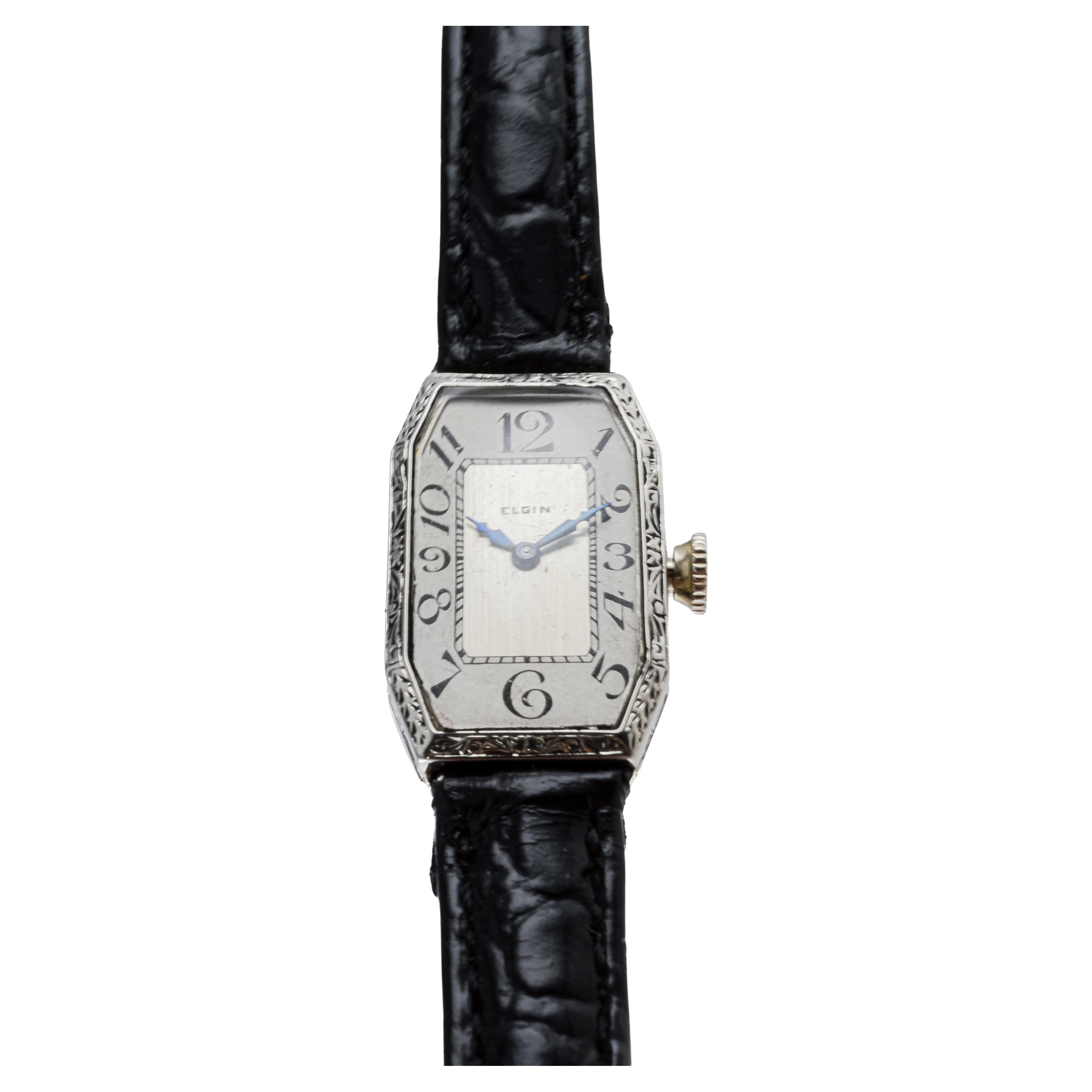 Elgin 14Kt White Gold Art Deco Ladies Watch circa 1920 with Original Dial For Sale 2