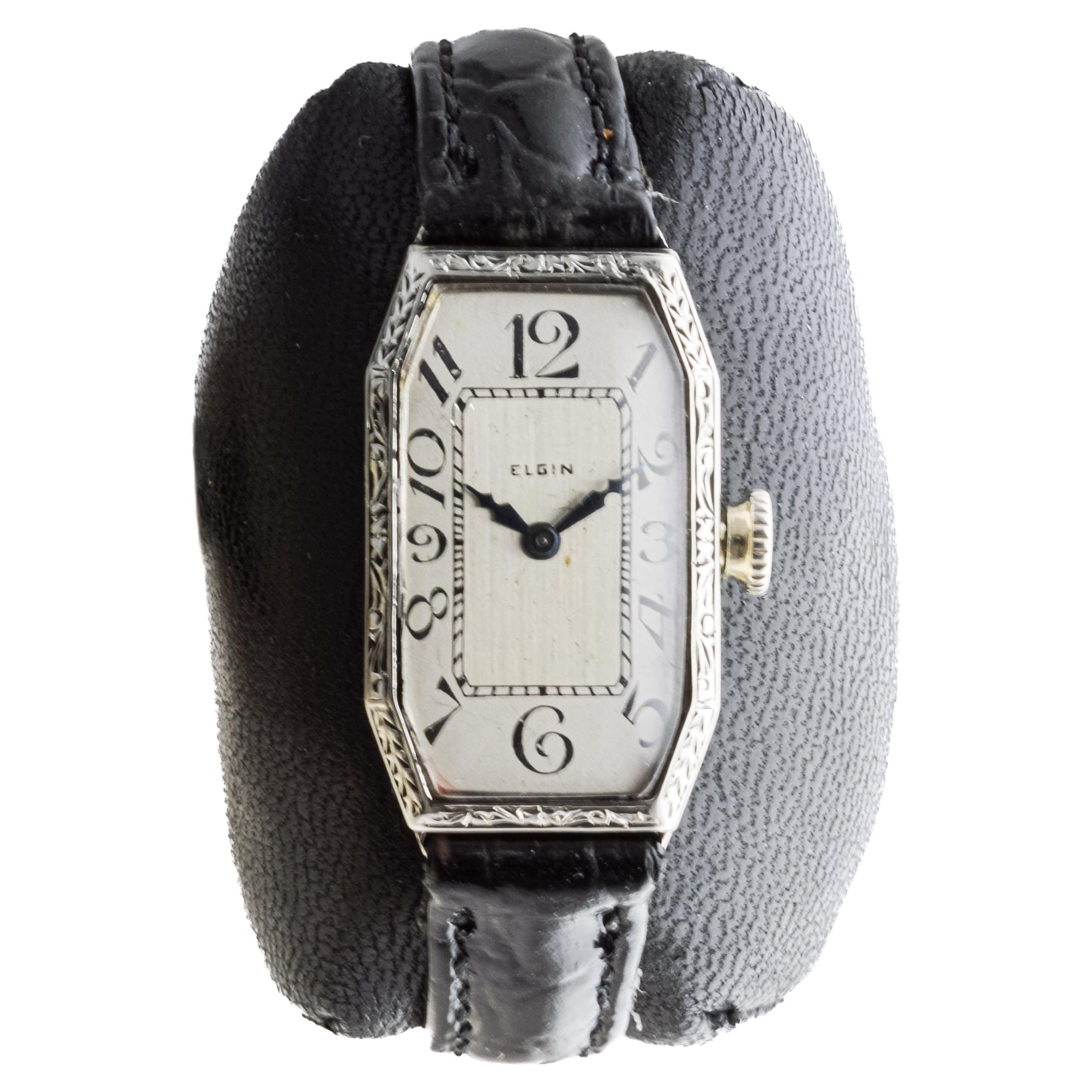 Elgin 14Kt Weißgold Art Deco Damenuhr um 1920 mit Original-Zifferblatt